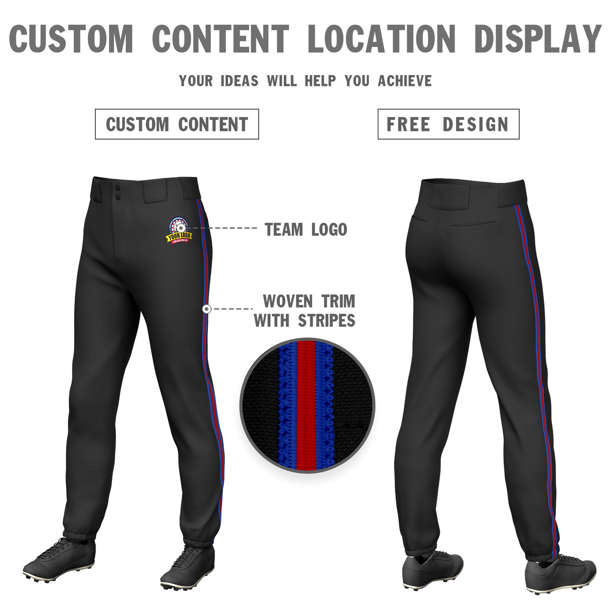 Custom Black Royal Blue-Red-Royal Blue Classic Fit Stretch Practice Pull-up Baseball Pants