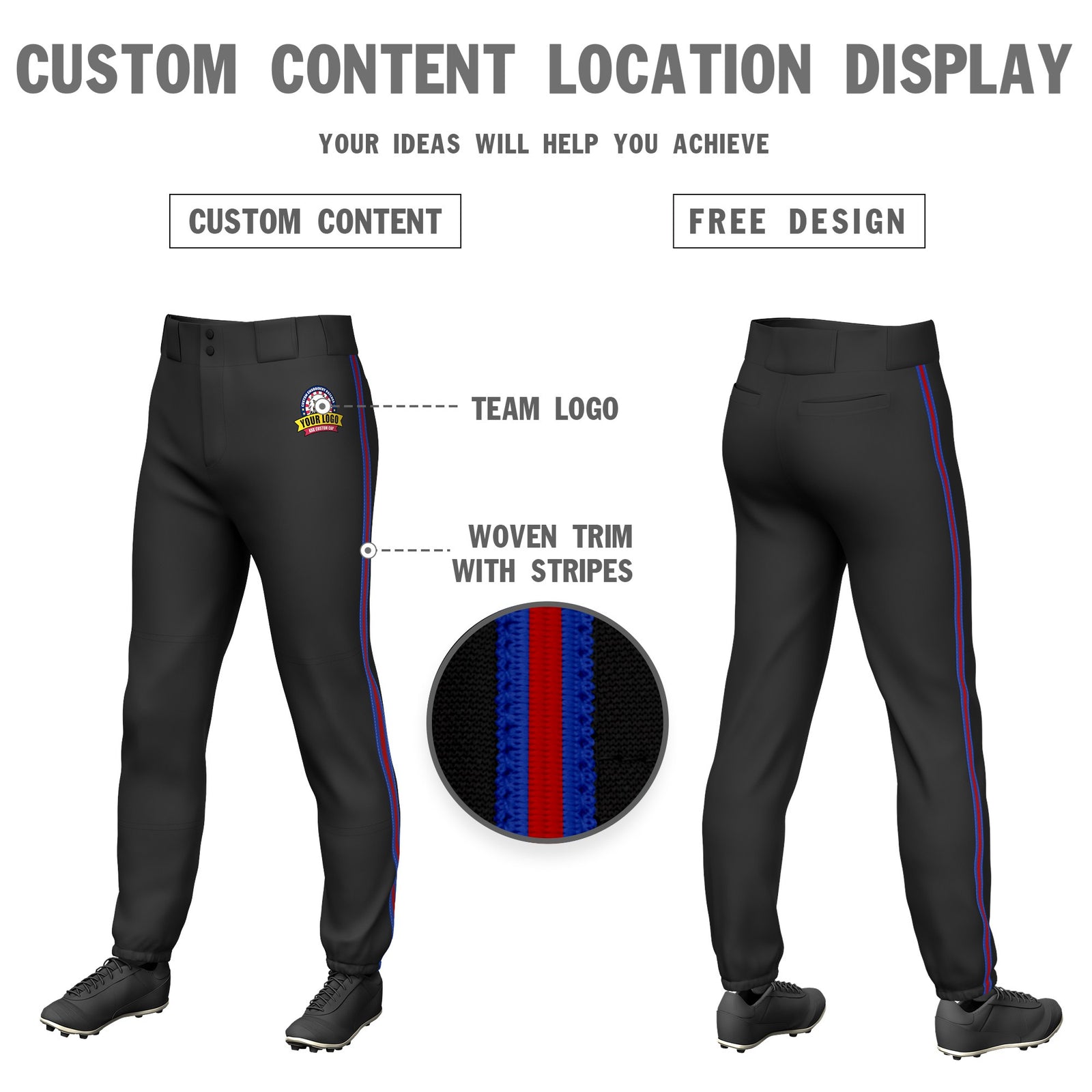 Custom Black Royal Blue-Red-Royal Blue Classic Fit Stretch Practice Pull-up Baseball Pants