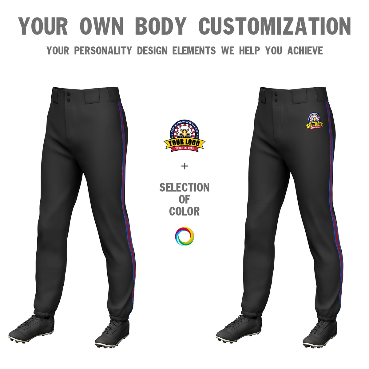 Custom Black Royal Blue-Red-Royal Blue Classic Fit Stretch Practice Pull-up Baseball Pants