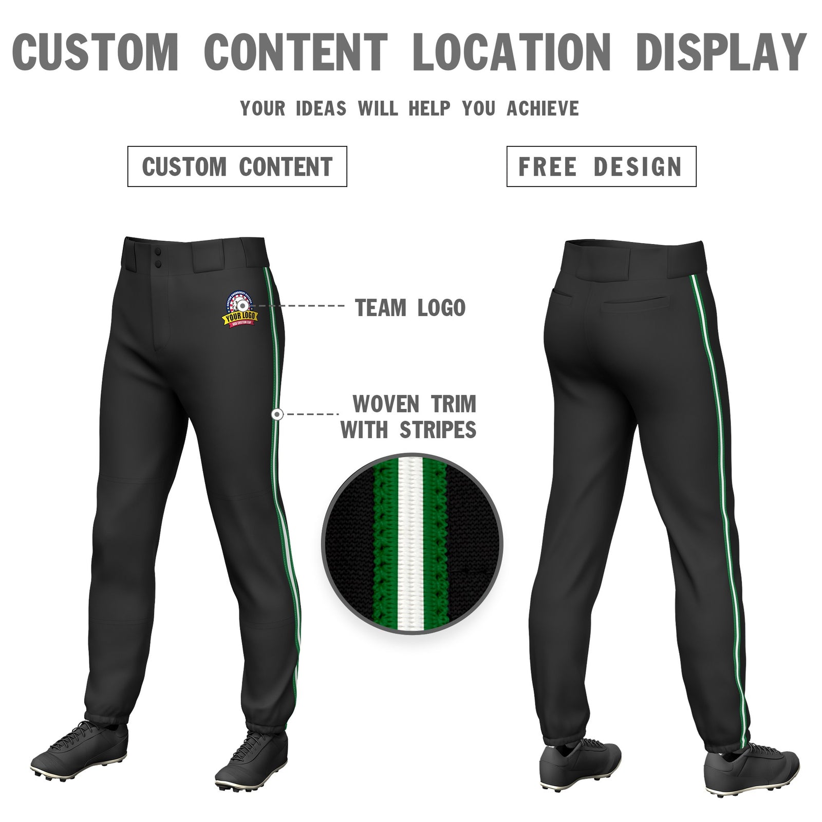 Custom Black Kelly Green-White-Kelly Green Classic Fit Stretch Practice Pull-up Baseball Pants