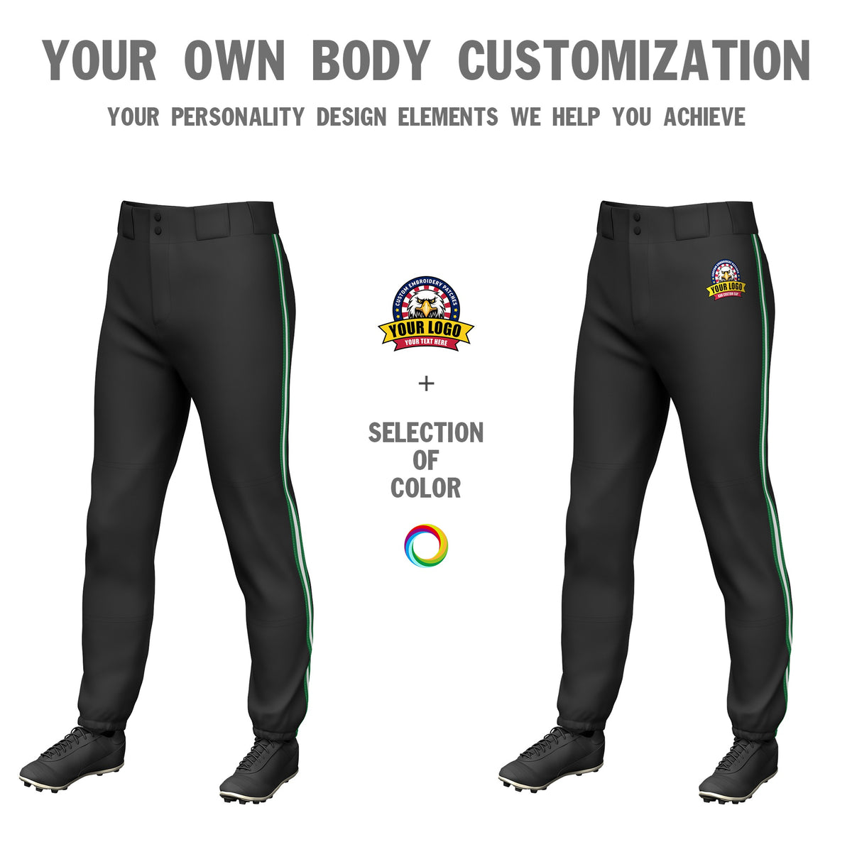 Custom Black Kelly Green-White-Kelly Green Classic Fit Stretch Practice Pull-up Baseball Pants