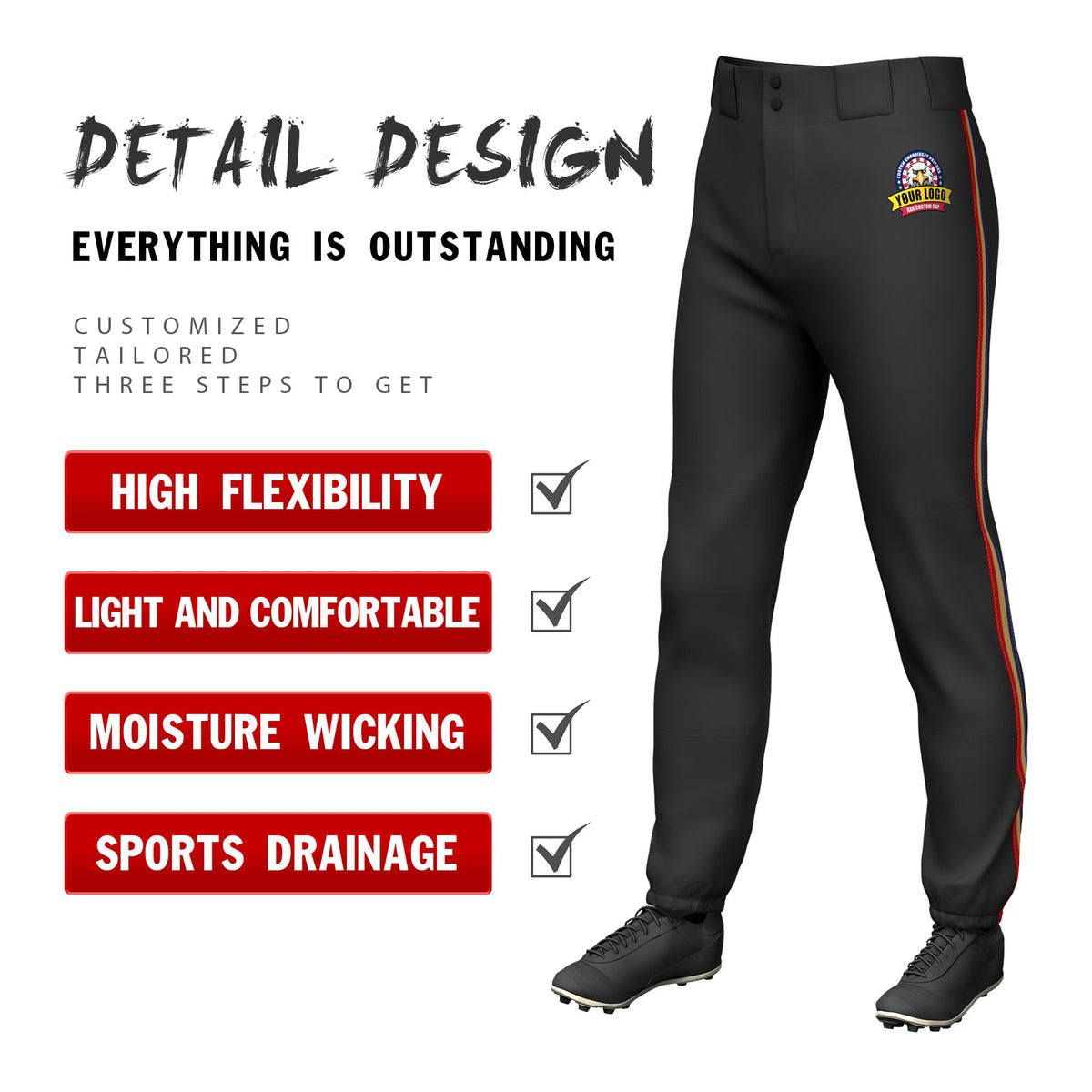 Custom Black Navy-Old Gold-Red Classic Fit Stretch Practice Pull-up Baseball Pants