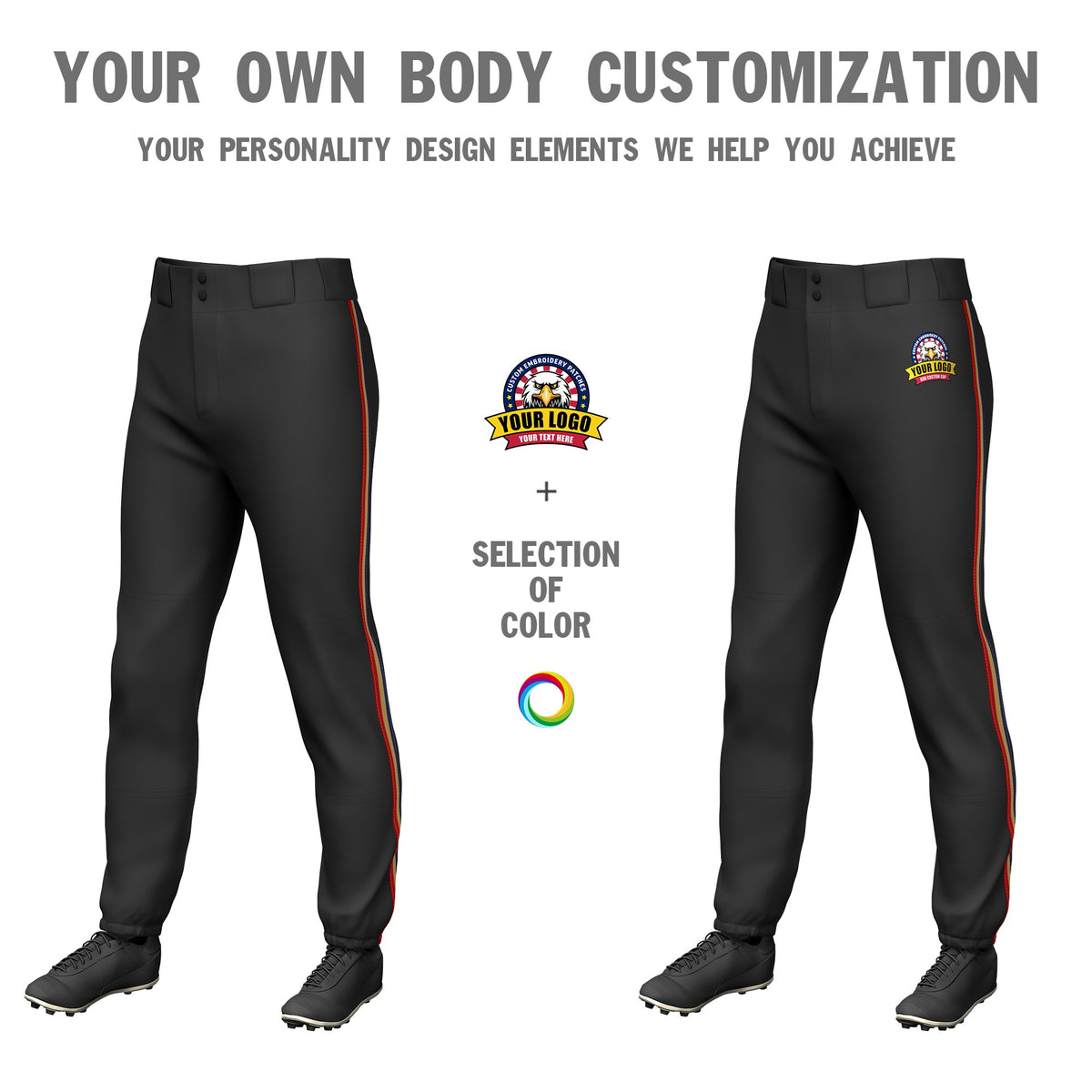 Custom Black Navy-Old Gold-Red Classic Fit Stretch Practice Pull-up Baseball Pants