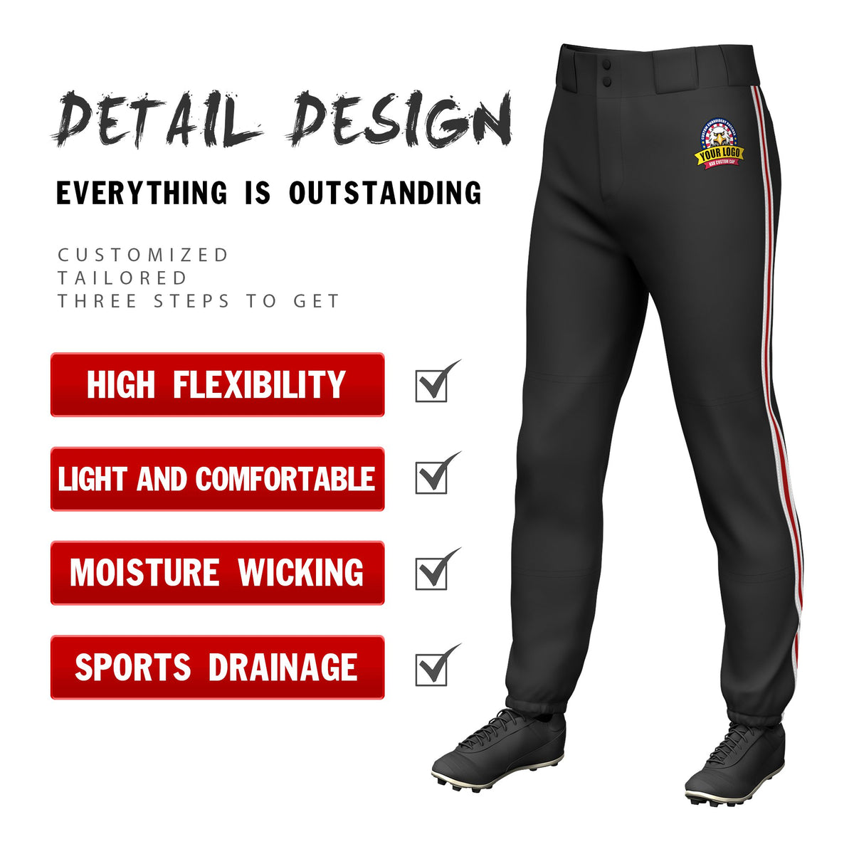 Custom Black White-Red-White Classic Fit Stretch Practice Pull-up Baseball Pants