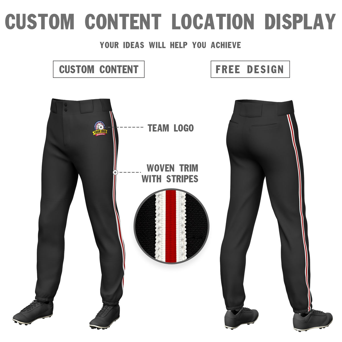 Custom Black White-Red-White Classic Fit Stretch Practice Pull-up Baseball Pants