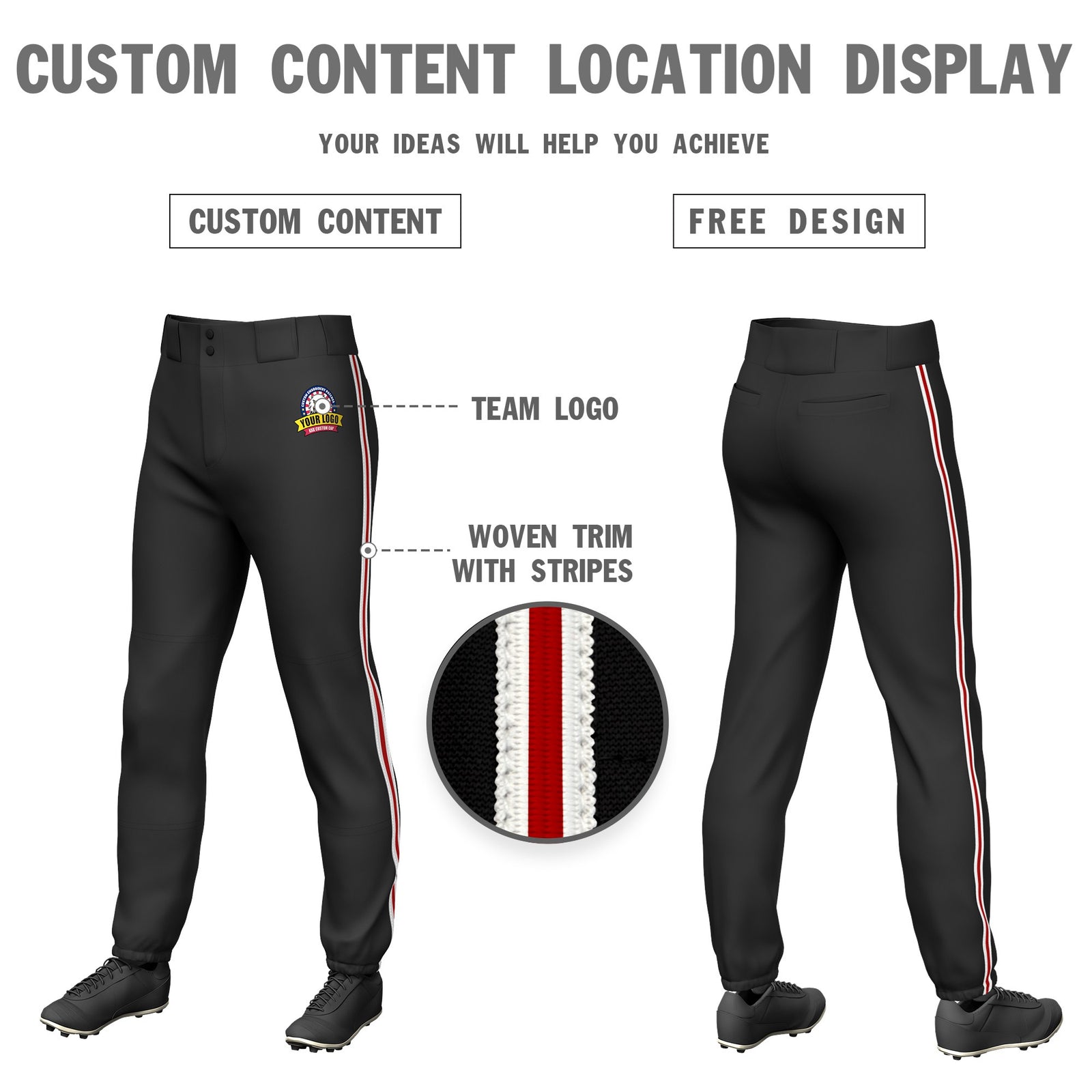 Custom Black White-Red-White Classic Fit Stretch Practice Pull-up Baseball Pants