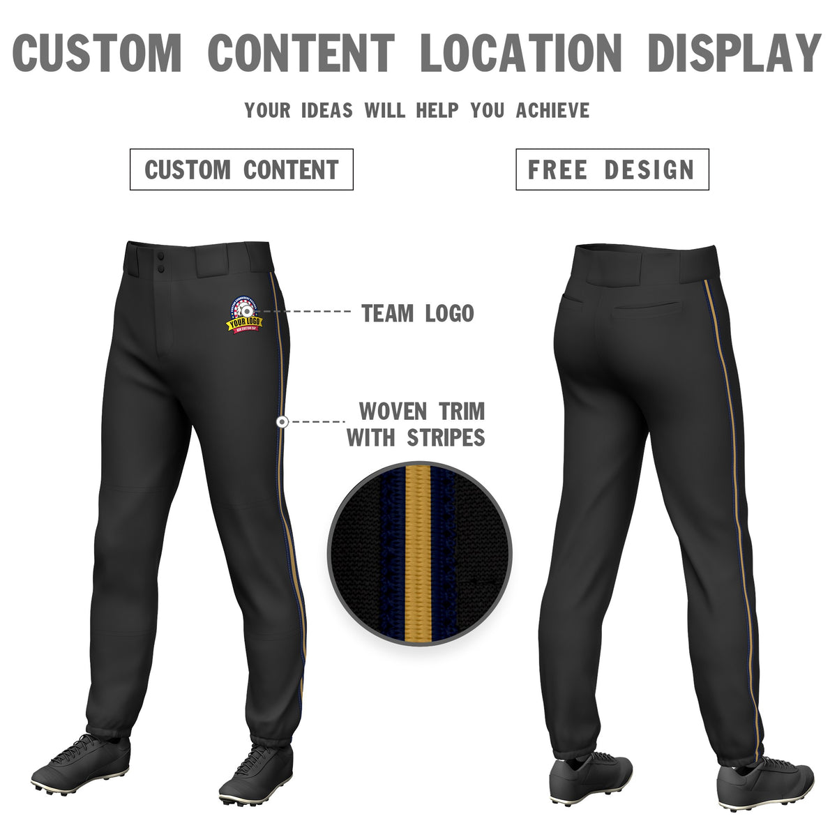 Custom Black Navy-Old Gold-Navy Classic Fit Stretch Practice Pull-up Baseball Pants