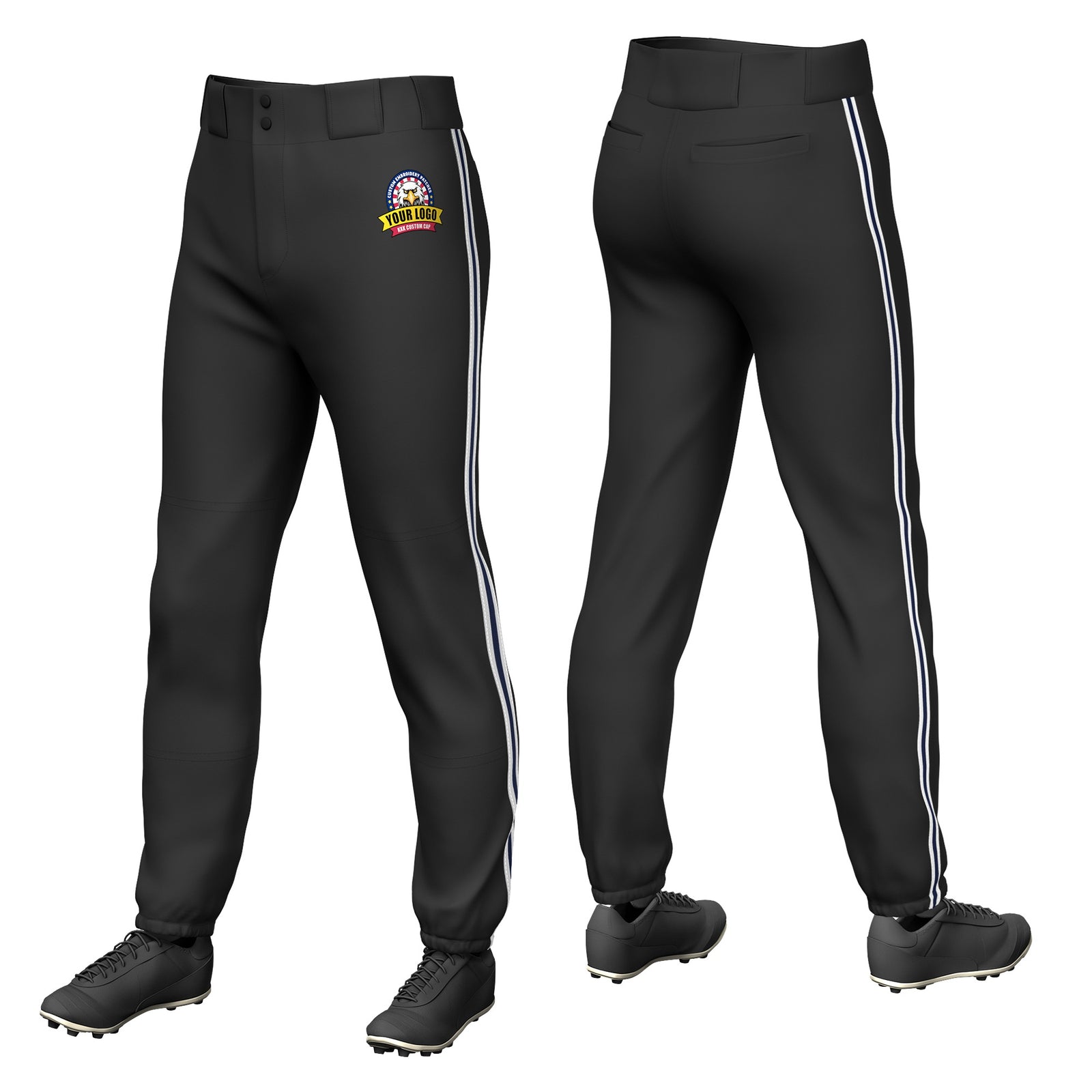 Custom Black White-Navy-White Classic Fit Stretch Practice Pull-up Baseball Pants