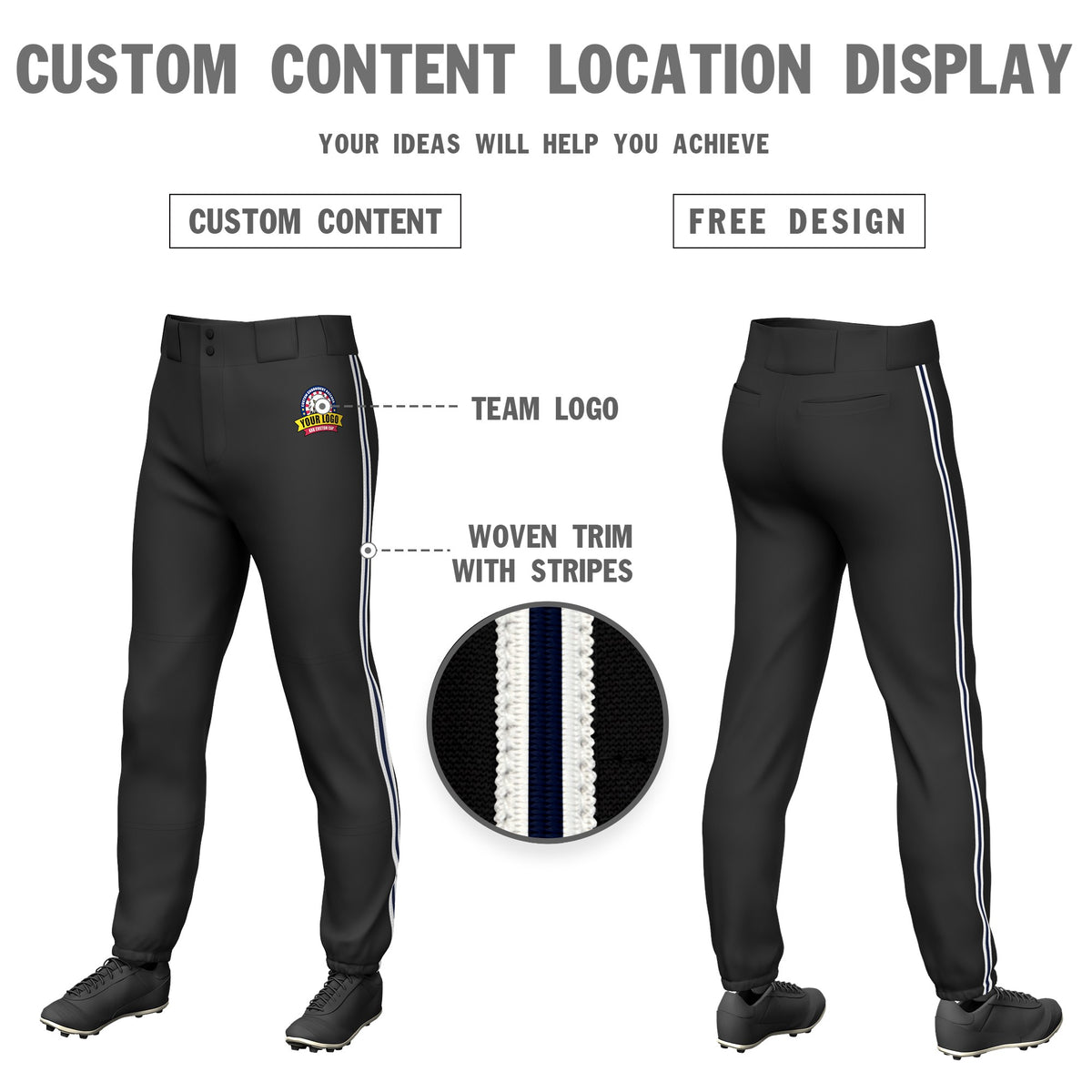 Custom Black White-Navy-White Classic Fit Stretch Practice Pull-up Baseball Pants