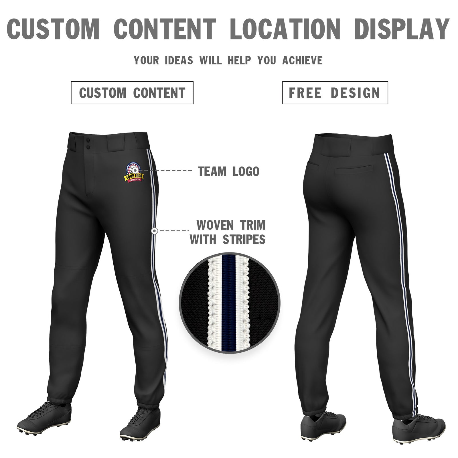 Custom Black White-Navy-White Classic Fit Stretch Practice Pull-up Baseball Pants