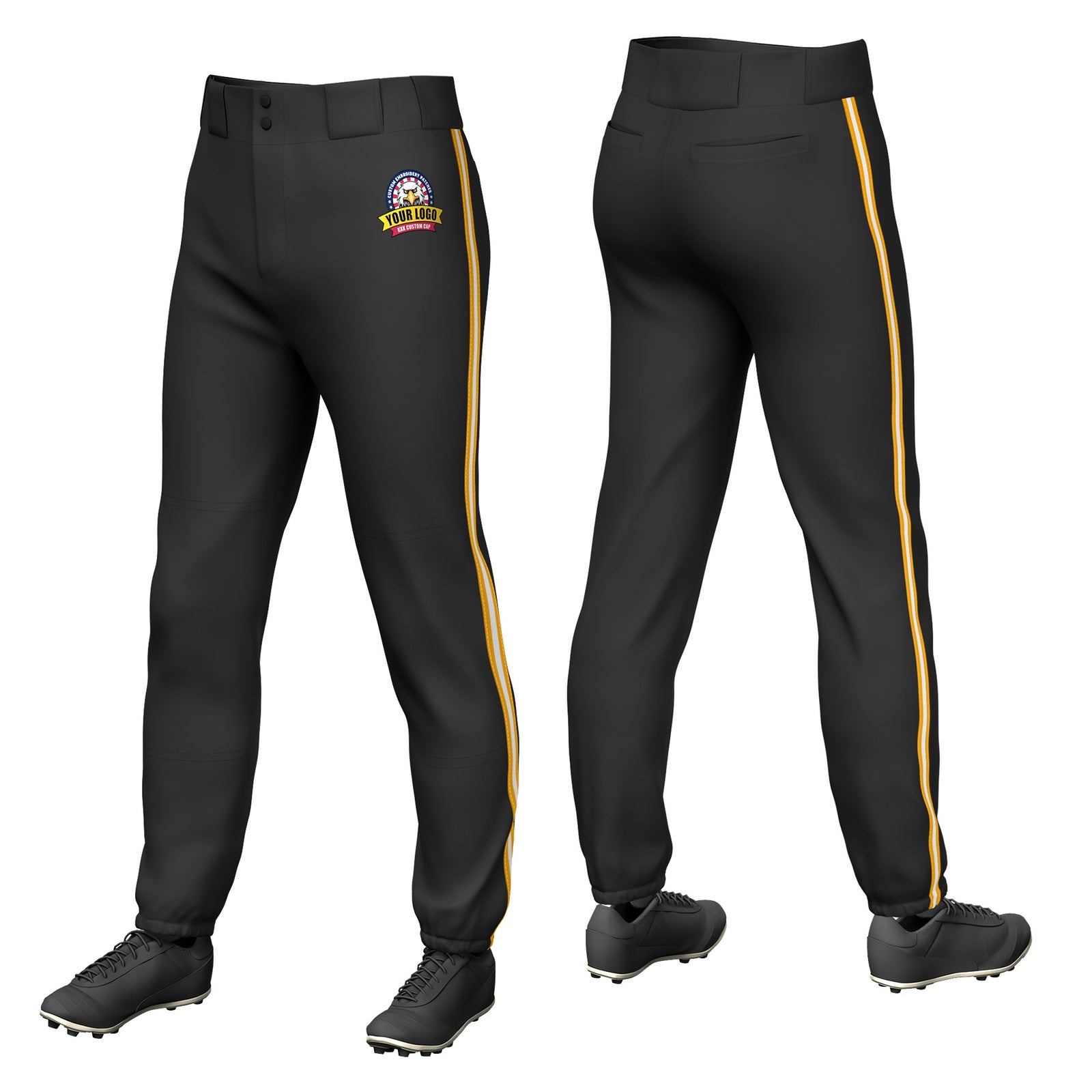 Custom Black Yellow-White-Yellow Classic Fit Stretch Practice Pull-up Baseball Pants