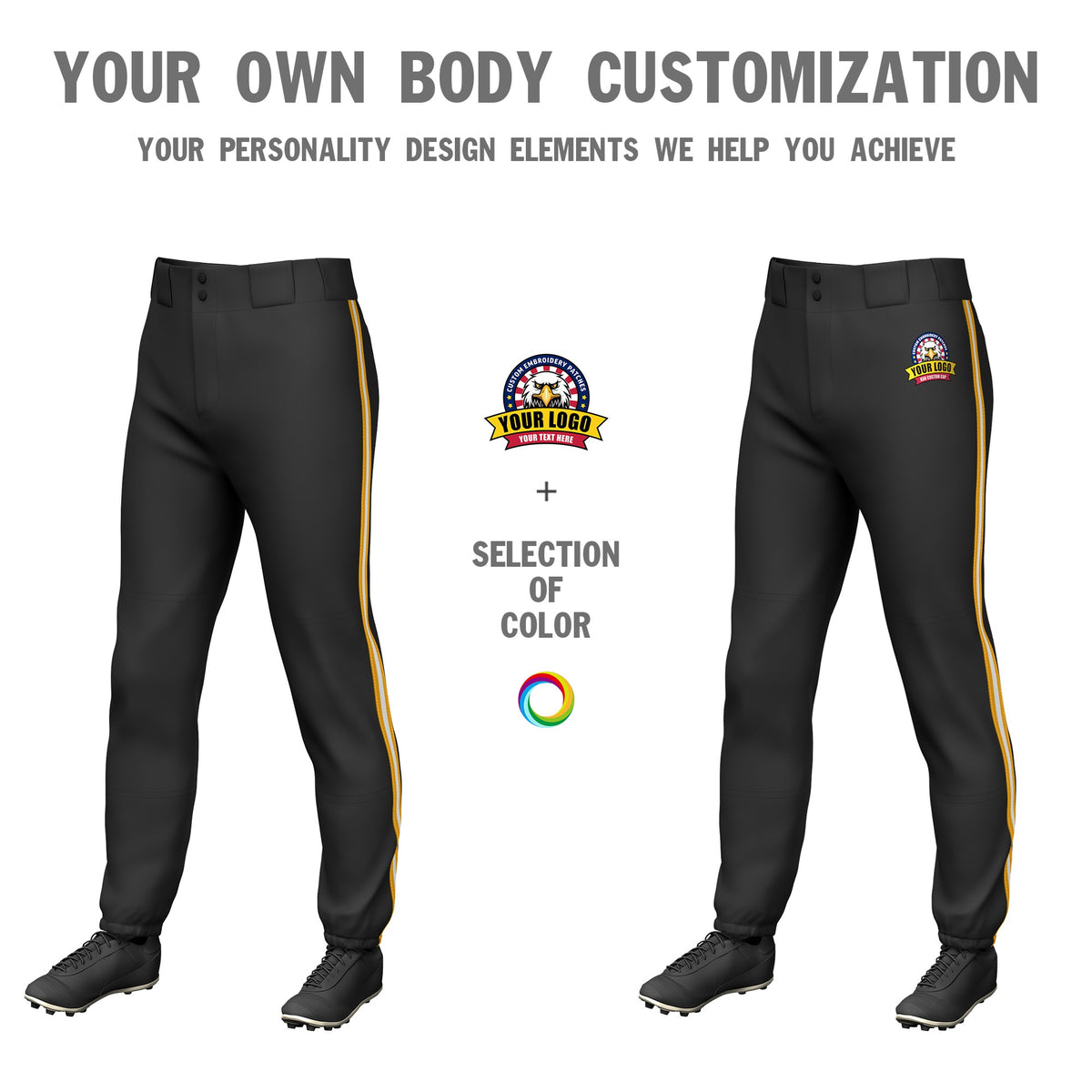 Custom Black Yellow-White-Yellow Classic Fit Stretch Practice Pull-up Baseball Pants