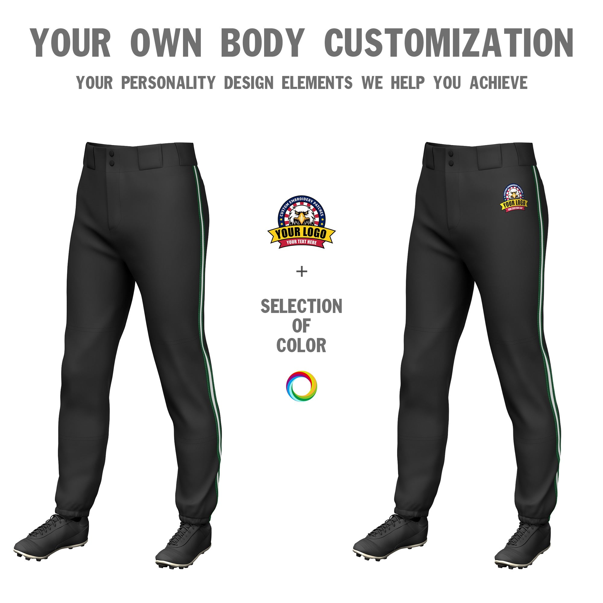 Custom Black Green-White-Green Classic Fit Stretch Practice Pull-up Baseball Pants