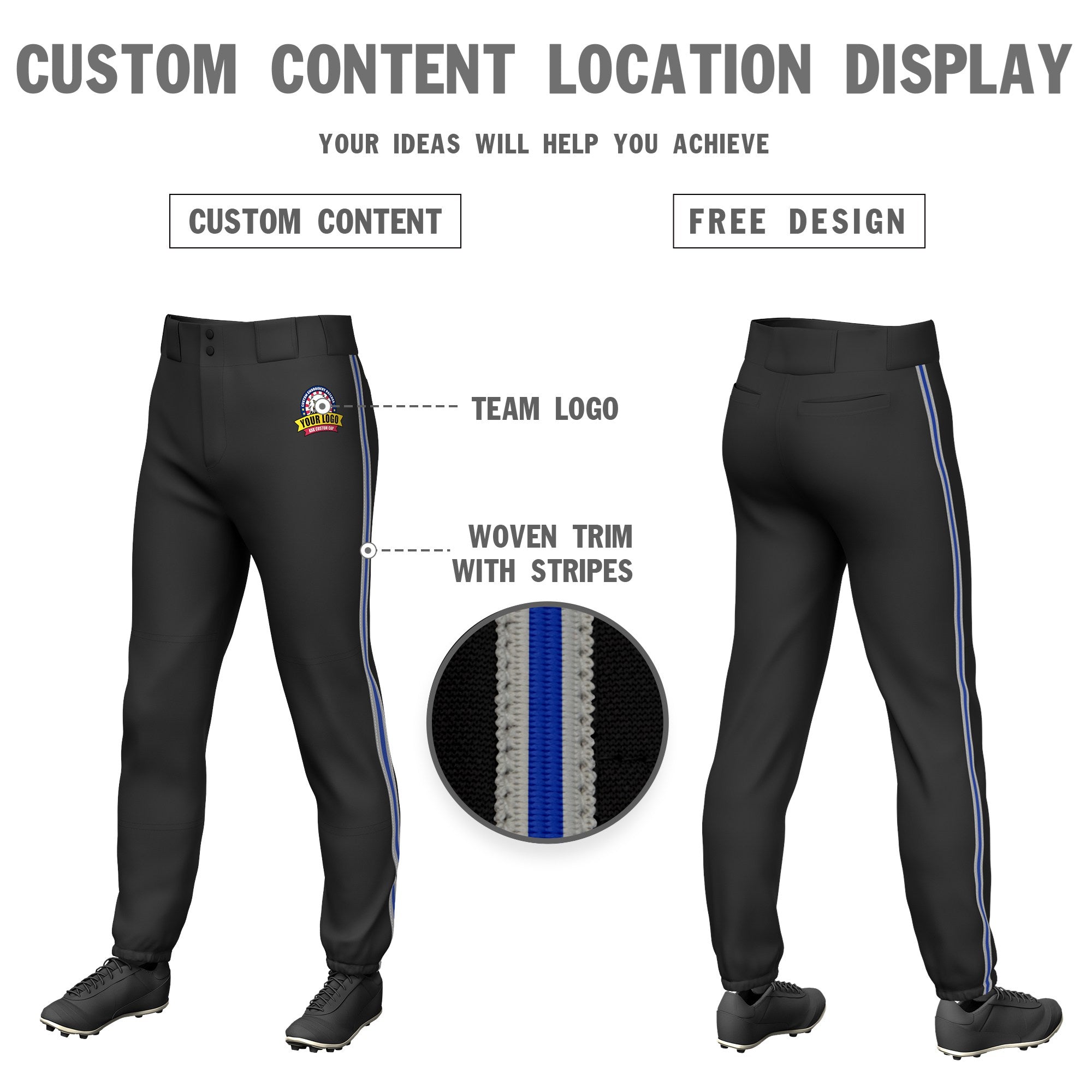 Custom Black Gray-Royal Blue-Gray Classic Fit Stretch Practice Pull-up Baseball Pants