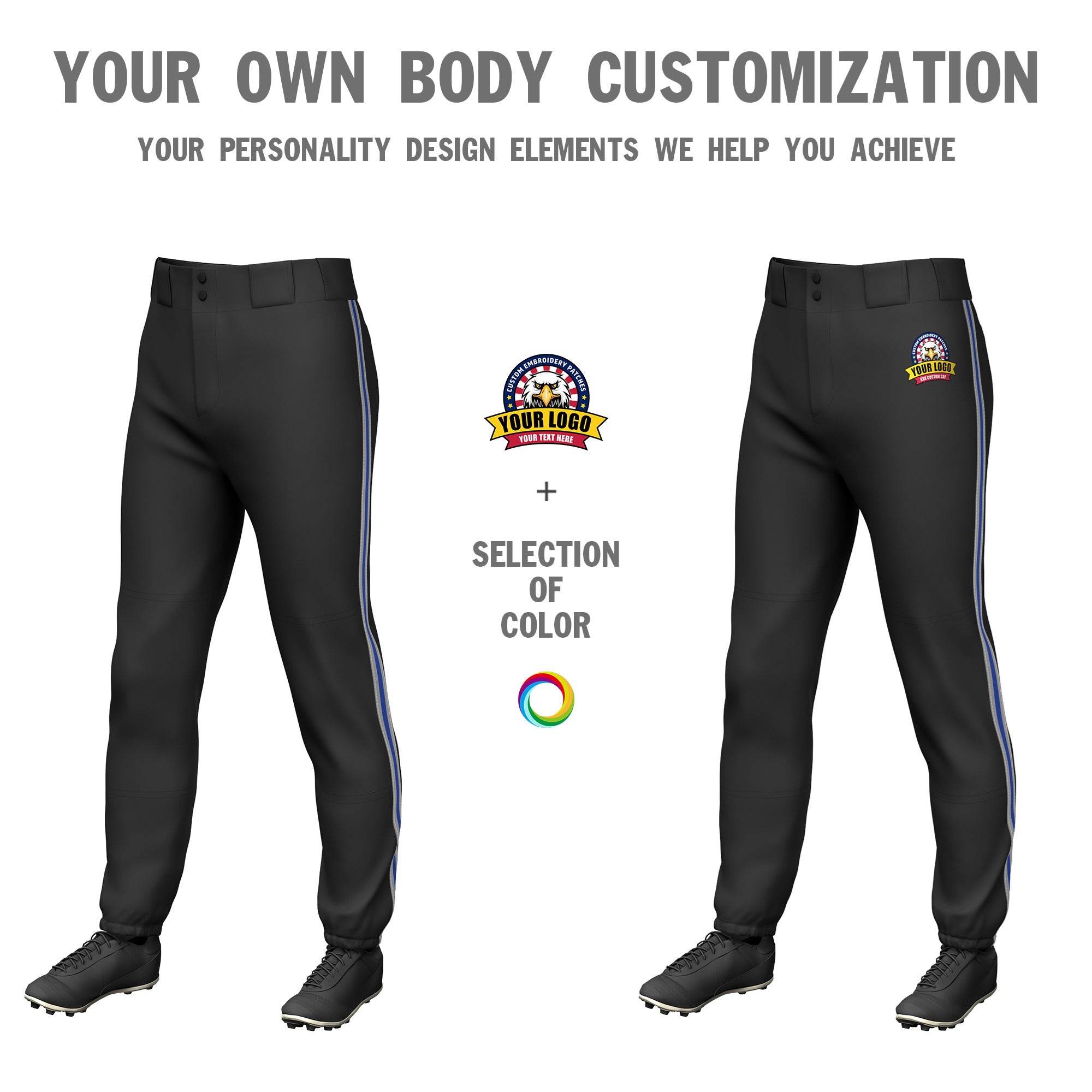 Custom Black Gray-Royal Blue-Gray Classic Fit Stretch Practice Pull-up Baseball Pants