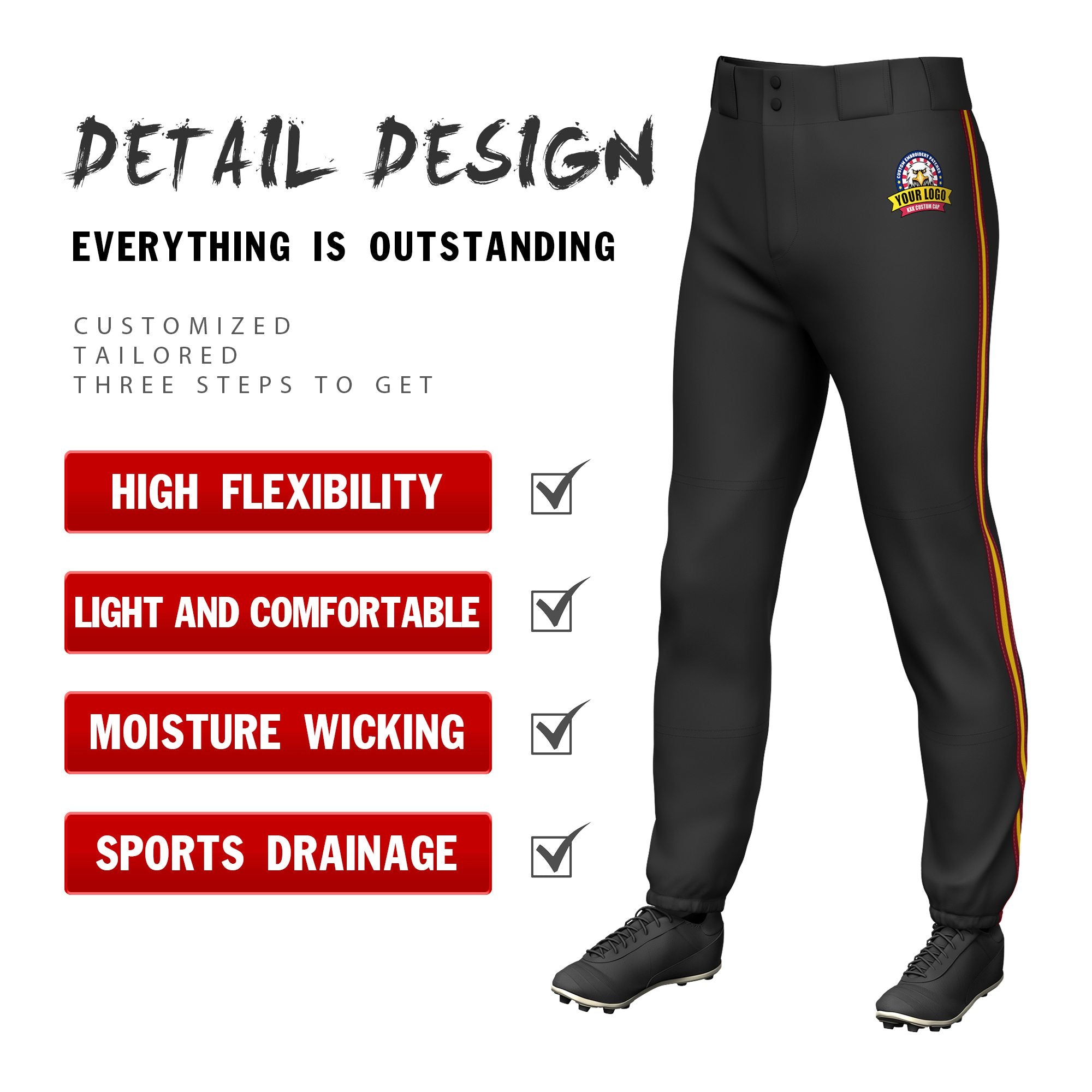 Custom Black Red-Gold01-Red Classic Fit Stretch Practice Pull-up Baseball Pants