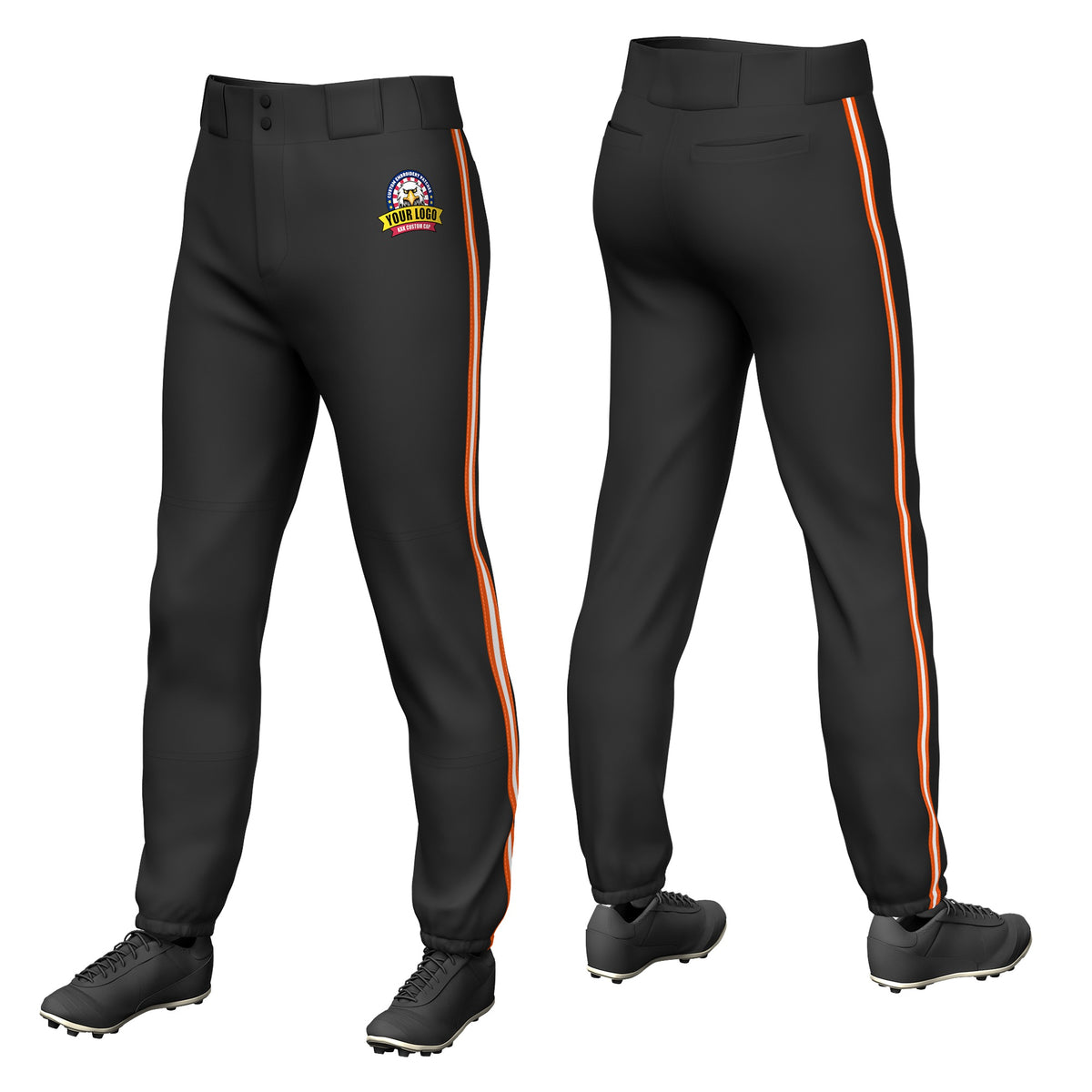 Custom Black Orange-White-Orange Classic Fit Stretch Practice Pull-up Baseball Pants