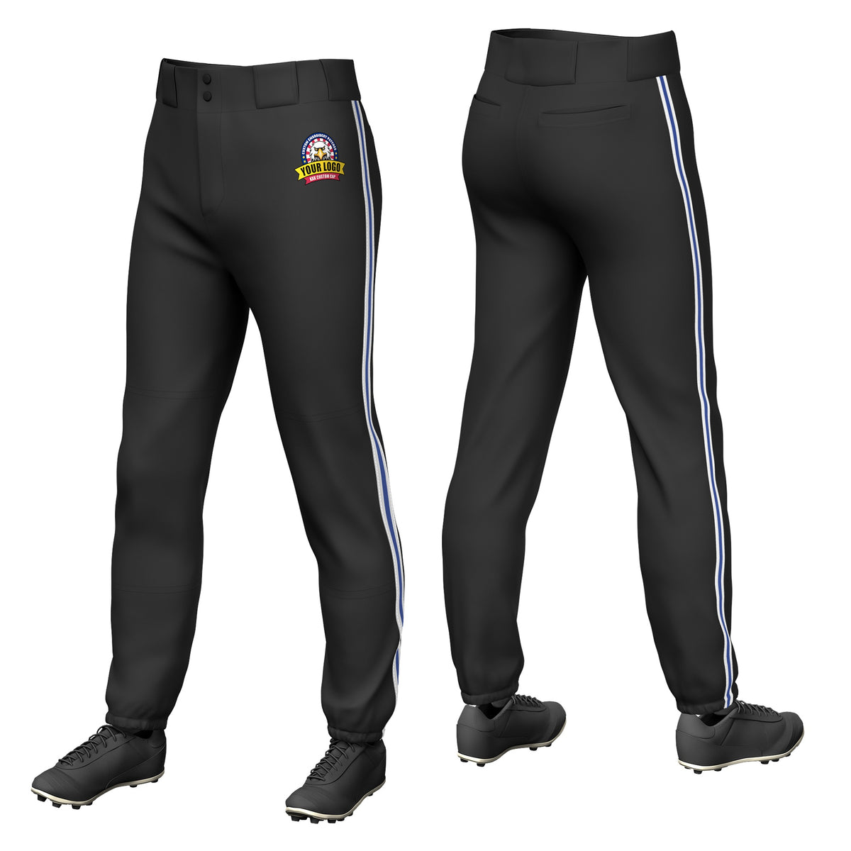 Custom Black White-Royal Blue-White Classic Fit Stretch Practice Pull-up Baseball Pants