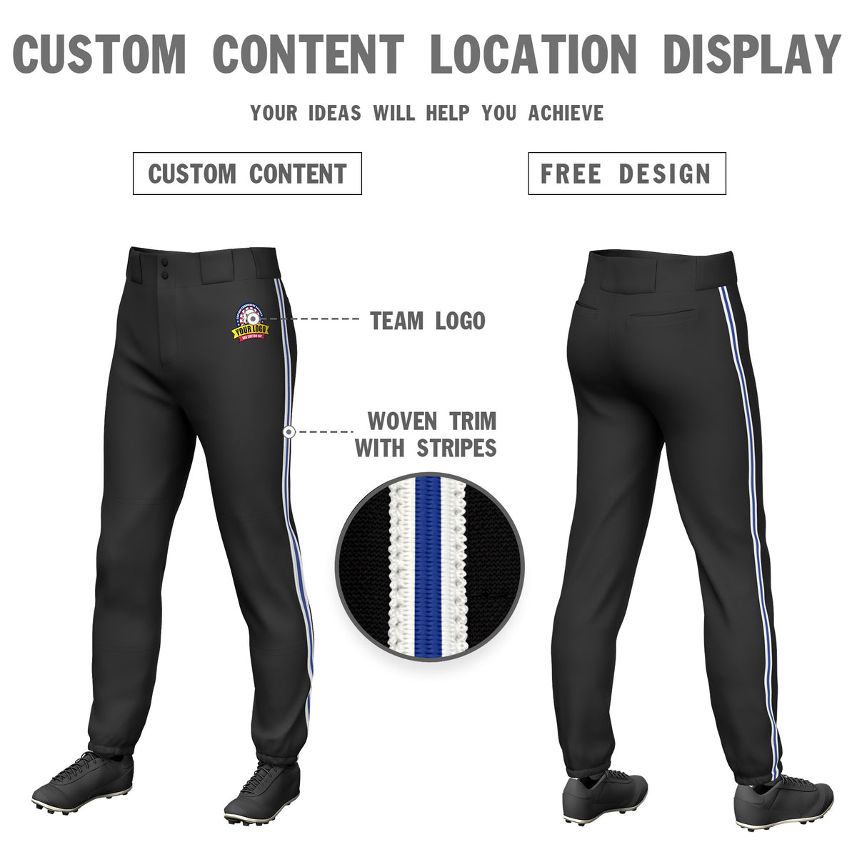 Custom Black White-Royal Blue-White Classic Fit Stretch Practice Pull-up Baseball Pants