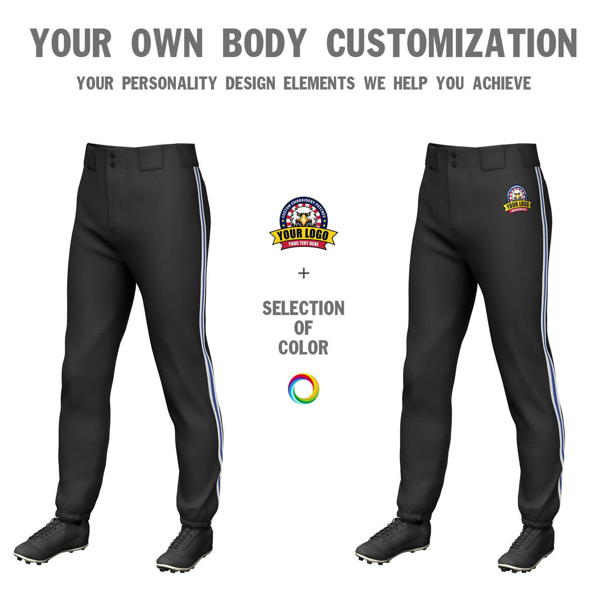 Custom Black White-Royal Blue-White Classic Fit Stretch Practice Pull-up Baseball Pants