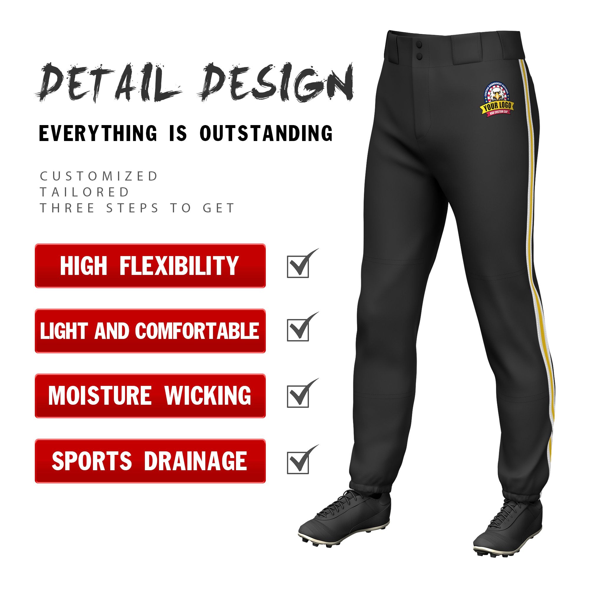 Custom Black White-Gold01-White Classic Fit Stretch Practice Pull-up Baseball Pants