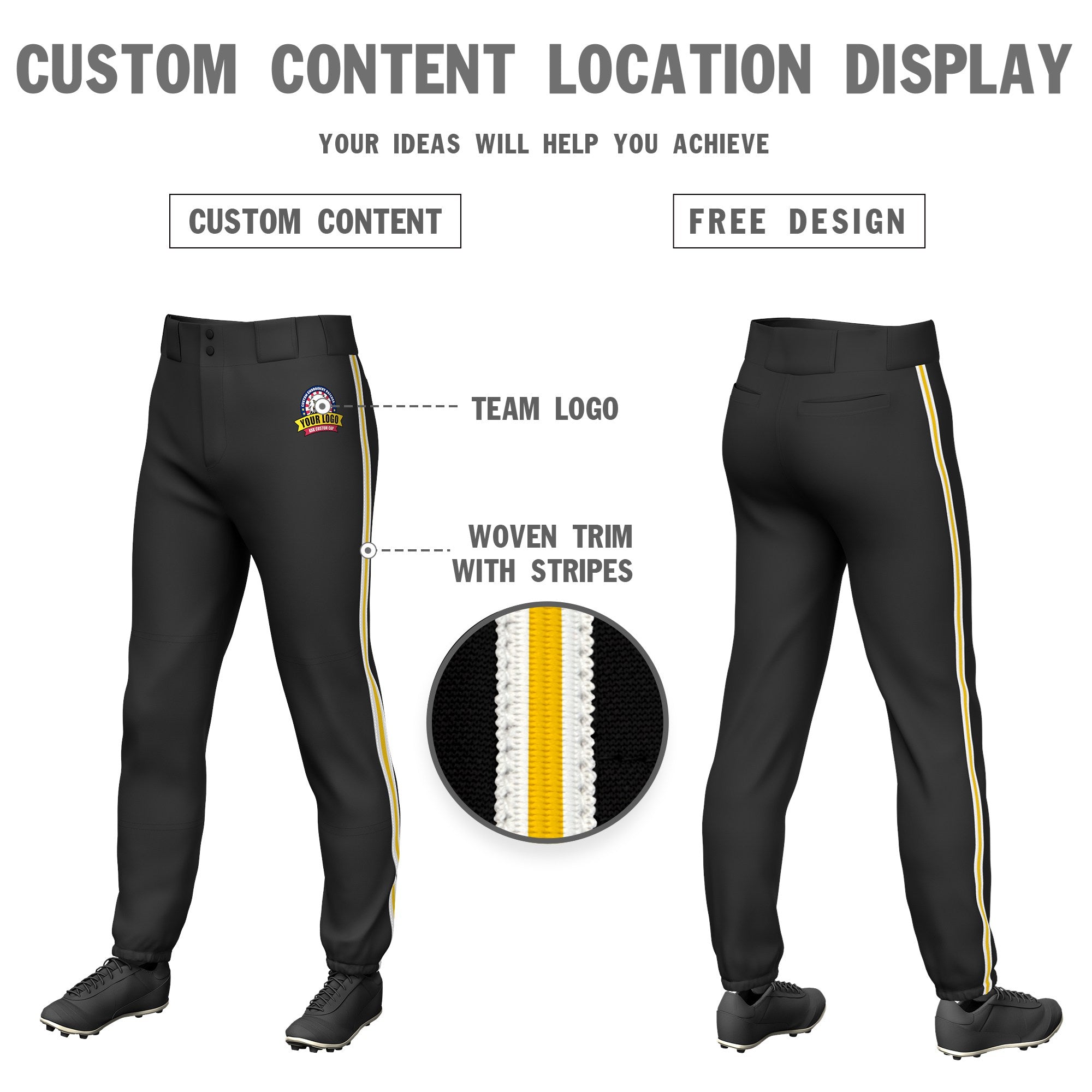 Custom Black White-Gold01-White Classic Fit Stretch Practice Pull-up Baseball Pants