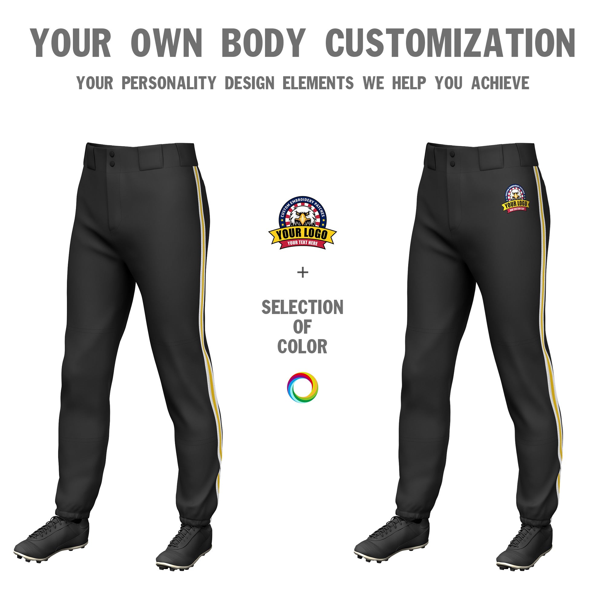 Custom Black White-Gold01-White Classic Fit Stretch Practice Pull-up Baseball Pants