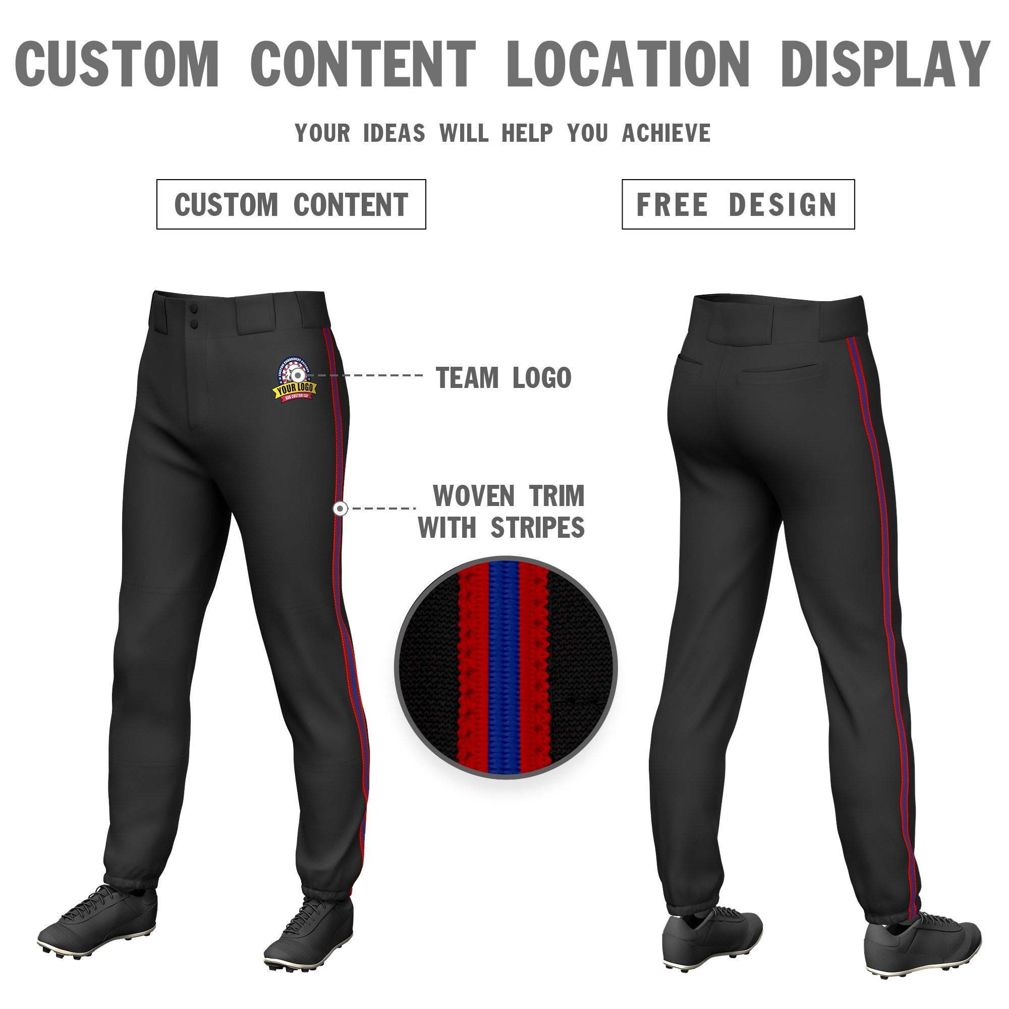 Custom Black Red-Royal Blue-Red Classic Fit Stretch Practice Pull-up Baseball Pants