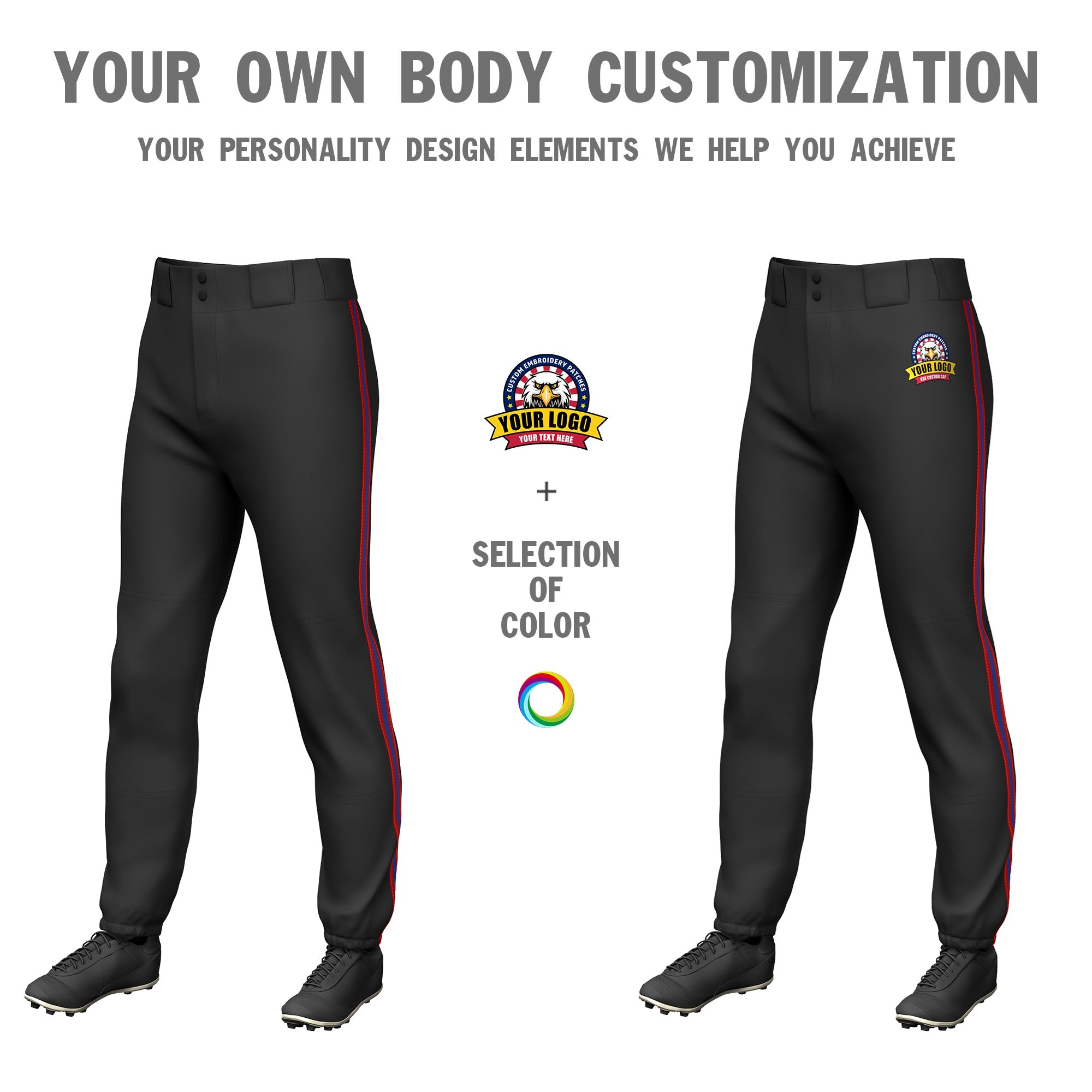 Custom Black Red-Royal Blue-Red Classic Fit Stretch Practice Pull-up Baseball Pants