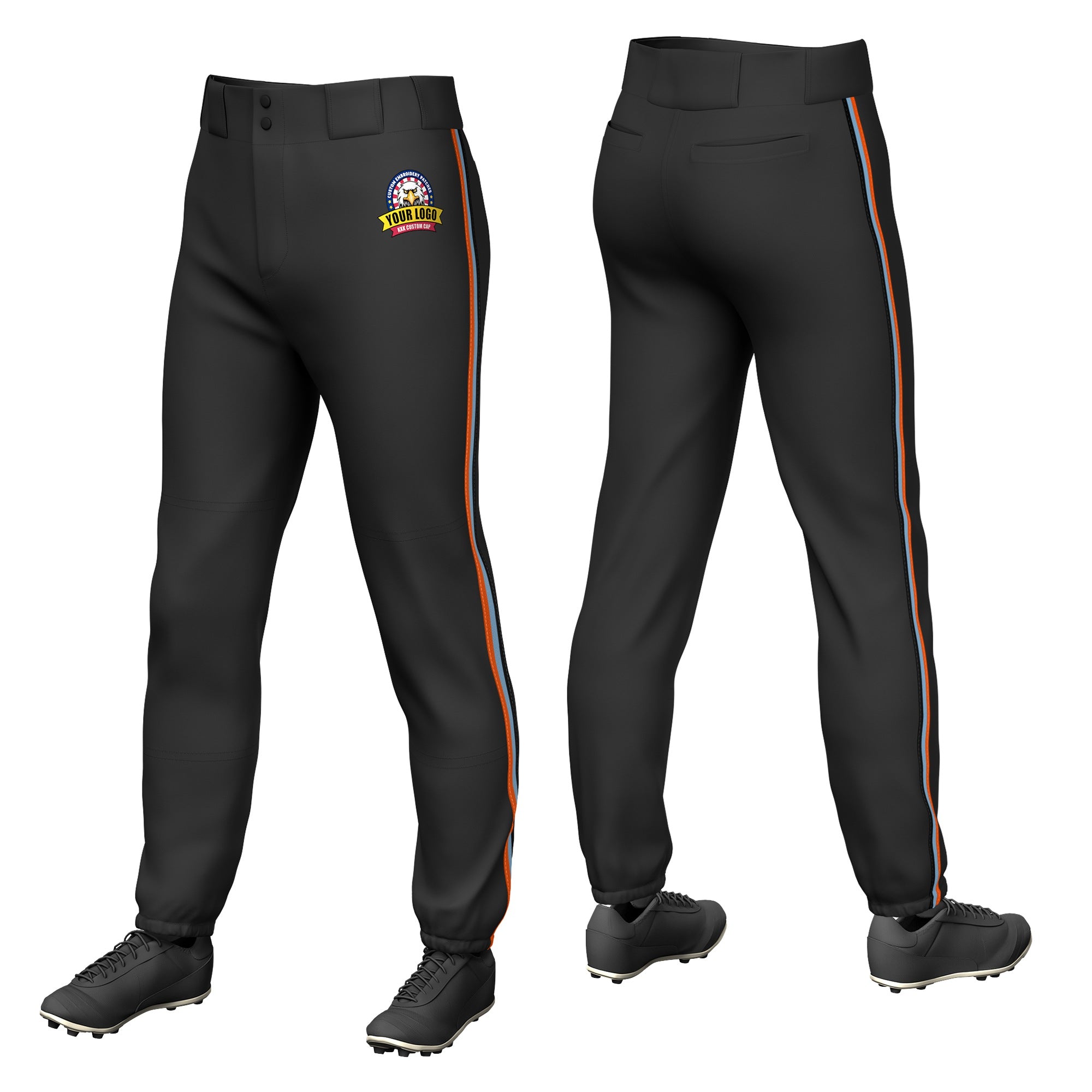 Custom Black Orange-Light Blue-Black Classic Fit Stretch Practice Pull-up Baseball Pants