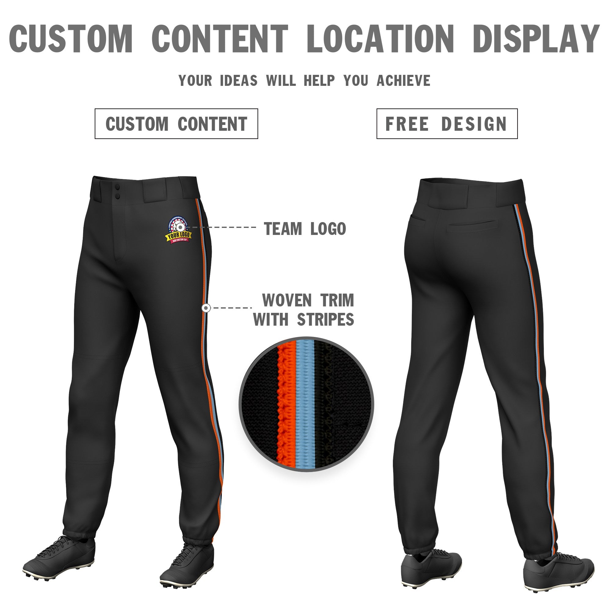 Custom Black Orange-Light Blue-Black Classic Fit Stretch Practice Pull-up Baseball Pants