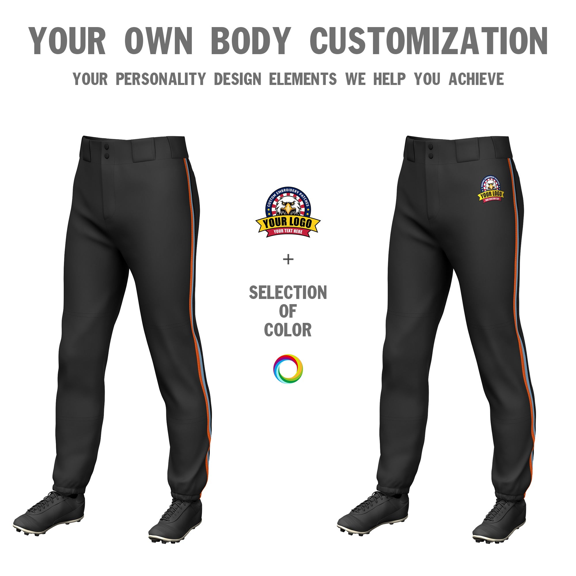 Custom Black Orange-Light Blue-Black Classic Fit Stretch Practice Pull-up Baseball Pants