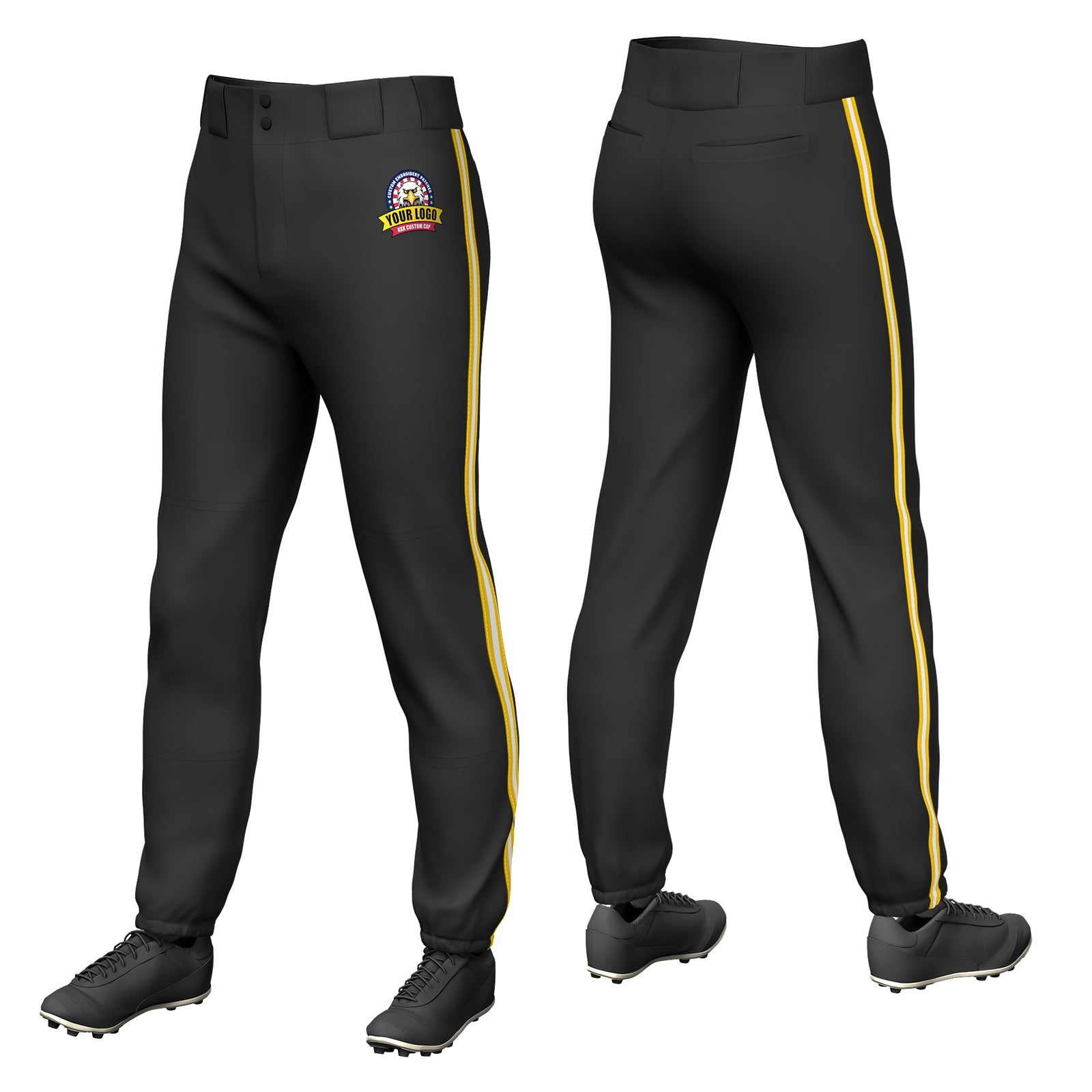 Custom Black Yellow-White-Yellow Classic Fit Stretch Practice Pull-up Baseball Pants