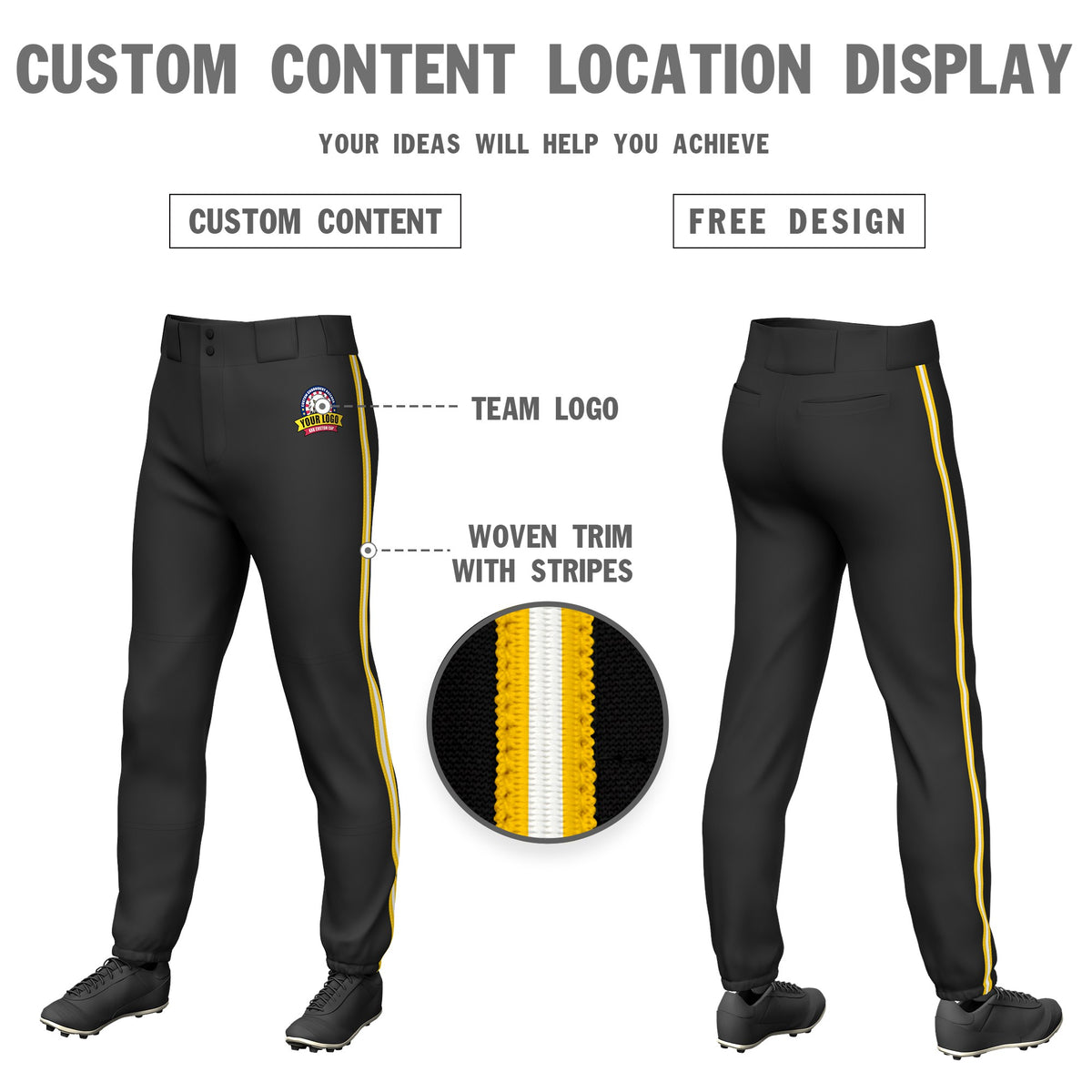 Custom Black Yellow-White-Yellow Classic Fit Stretch Practice Pull-up Baseball Pants