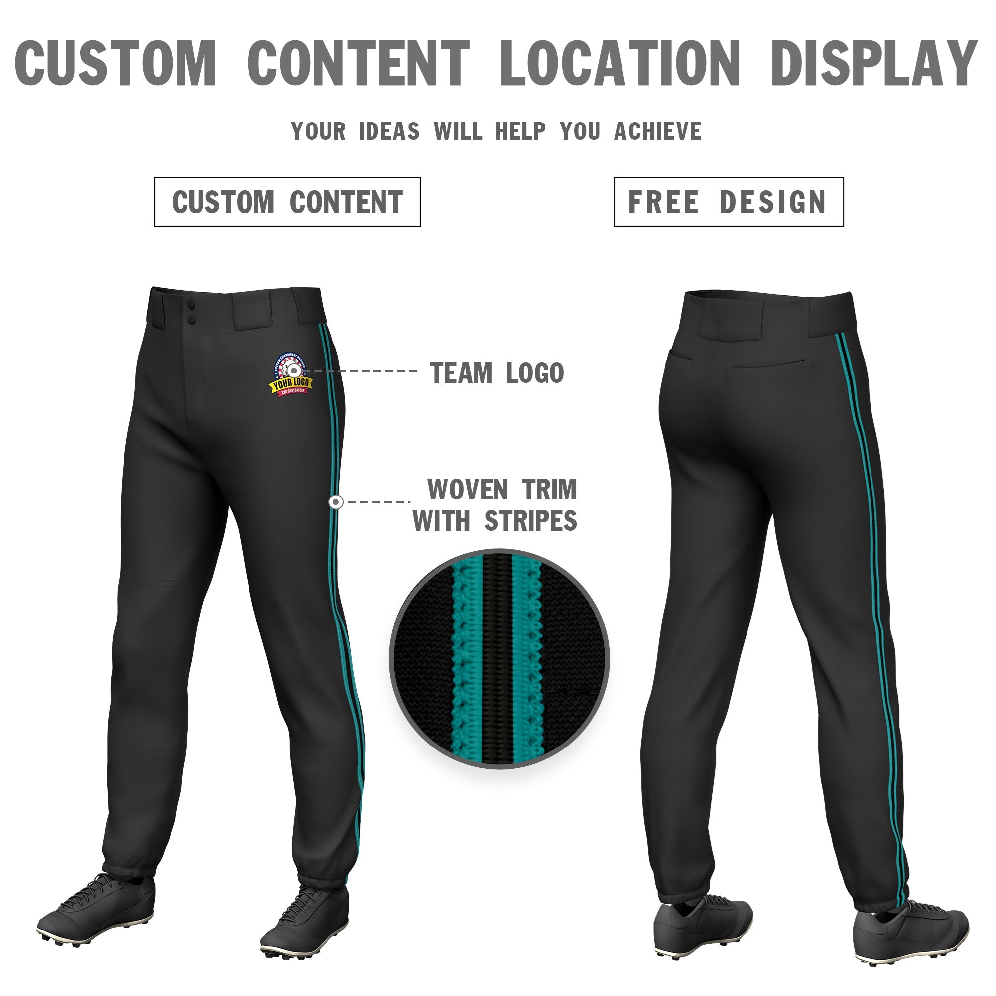 Custom Black Aqua-Black-Aqua Classic Fit Stretch Practice Pull-up Baseball Pants