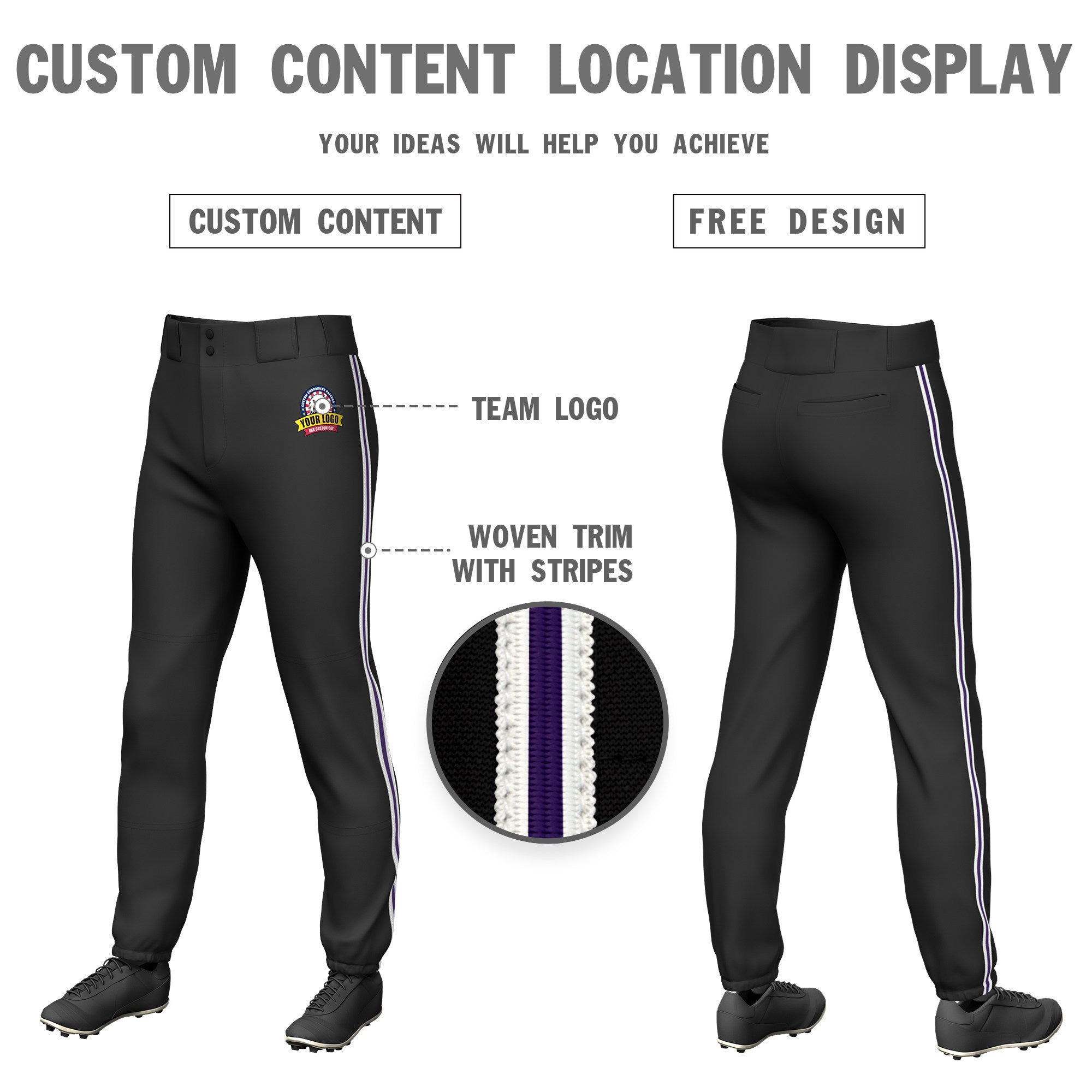 Custom Black White-Purple-White Classic Fit Stretch Practice Pull-up Baseball Pants