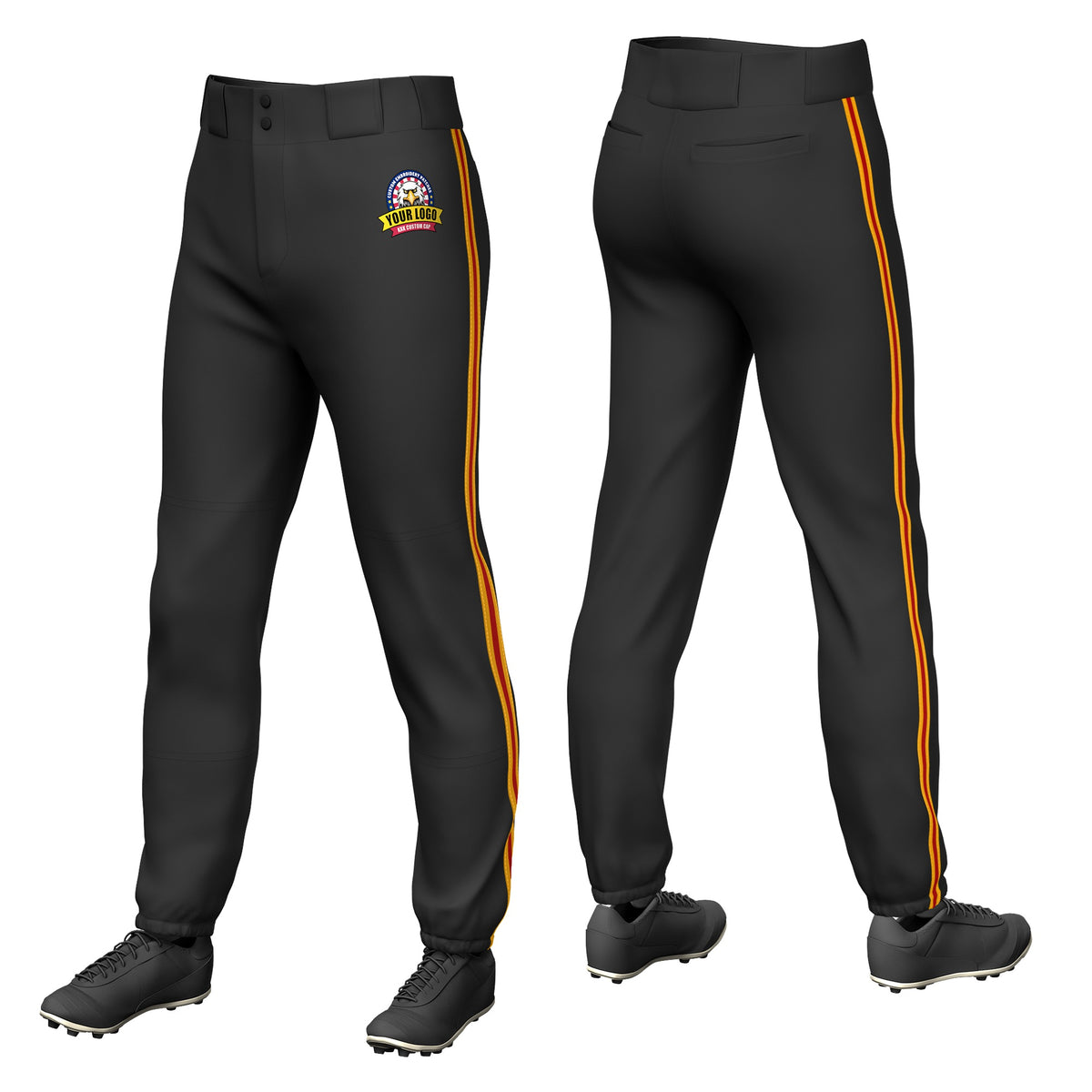 Custom Black Yellow-Red-Yellow Classic Fit Stretch Practice Pull-up Baseball Pants