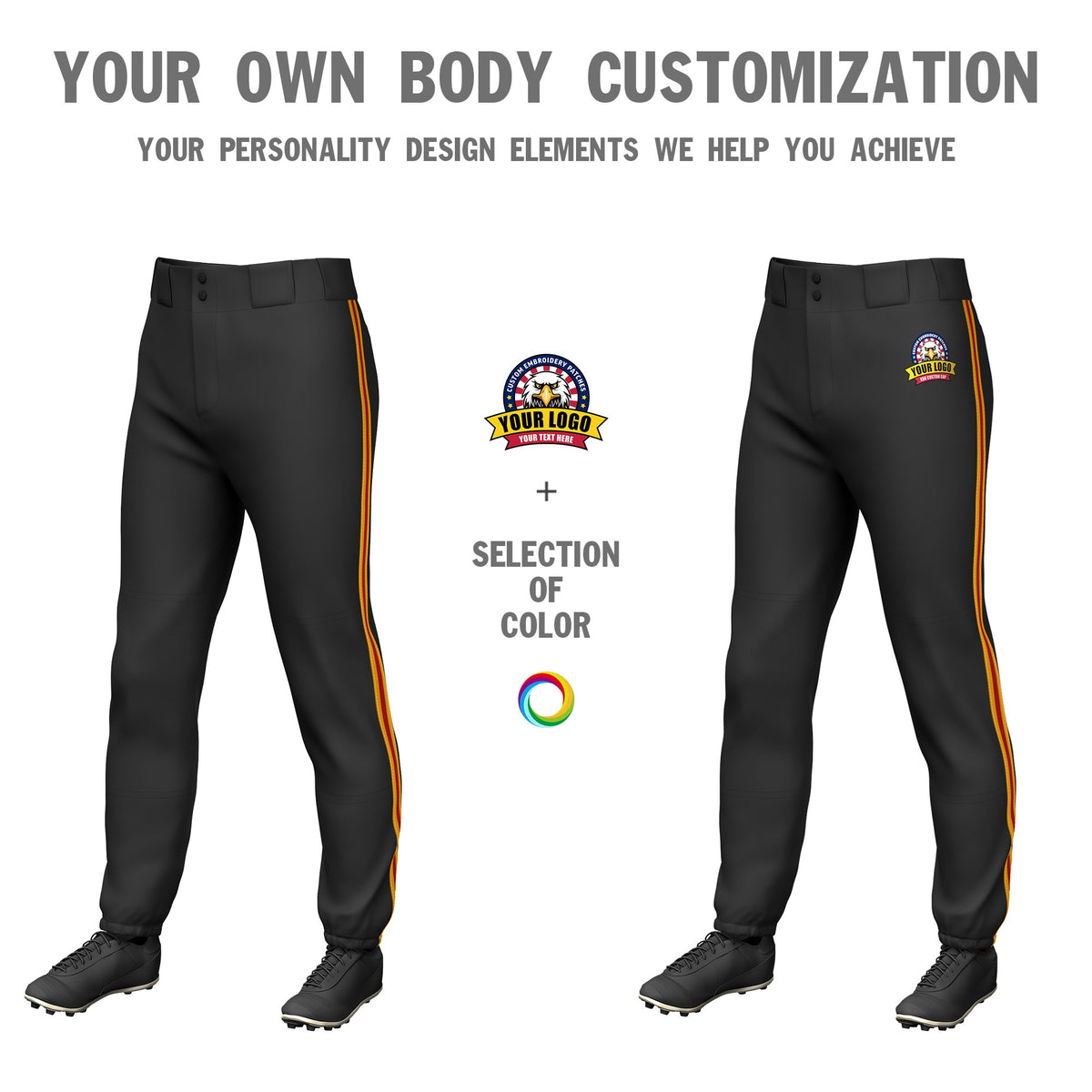 Custom Black Yellow-Red-Yellow Classic Fit Stretch Practice Pull-up Baseball Pants