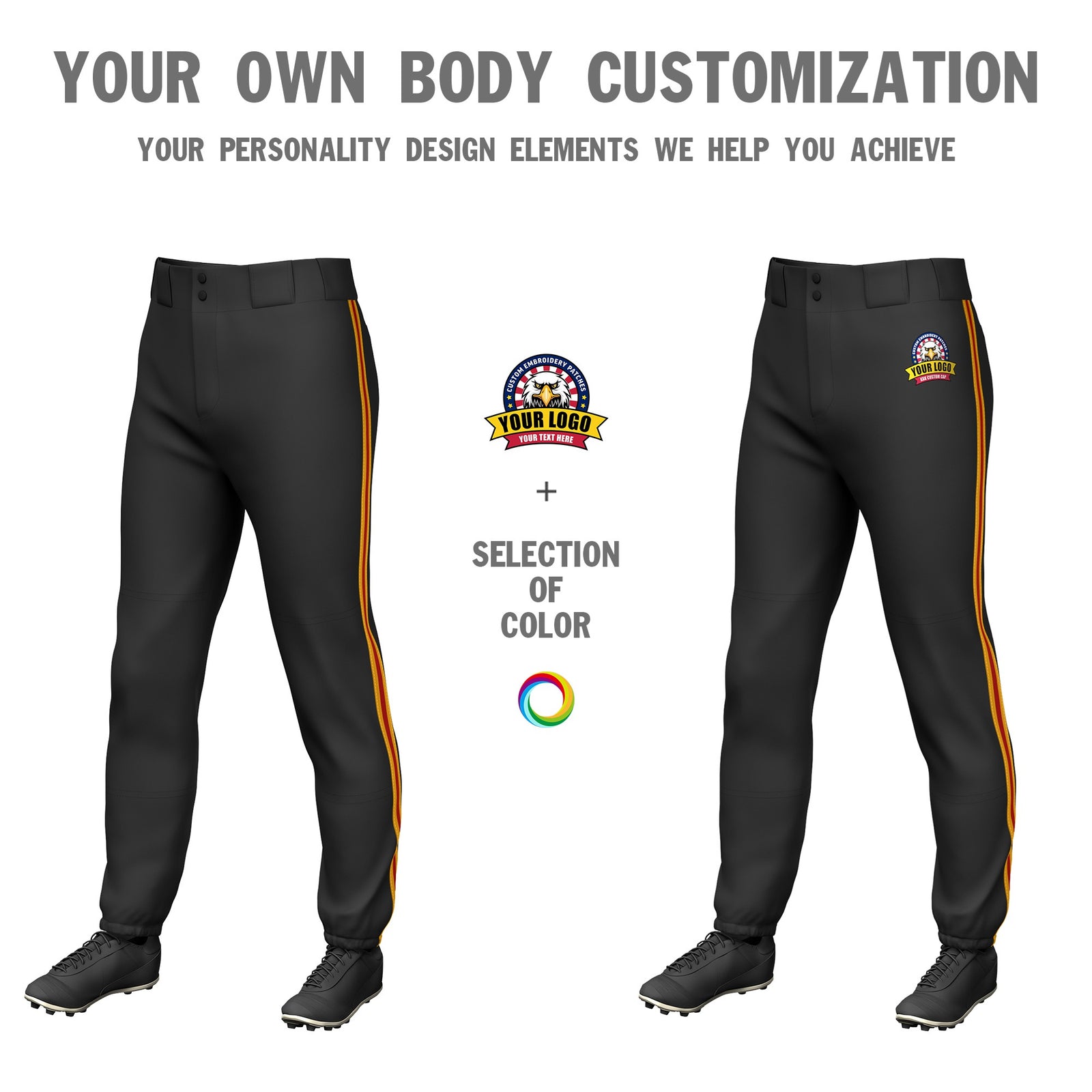 Custom Black Yellow-Red-Yellow Classic Fit Stretch Practice Pull-up Baseball Pants