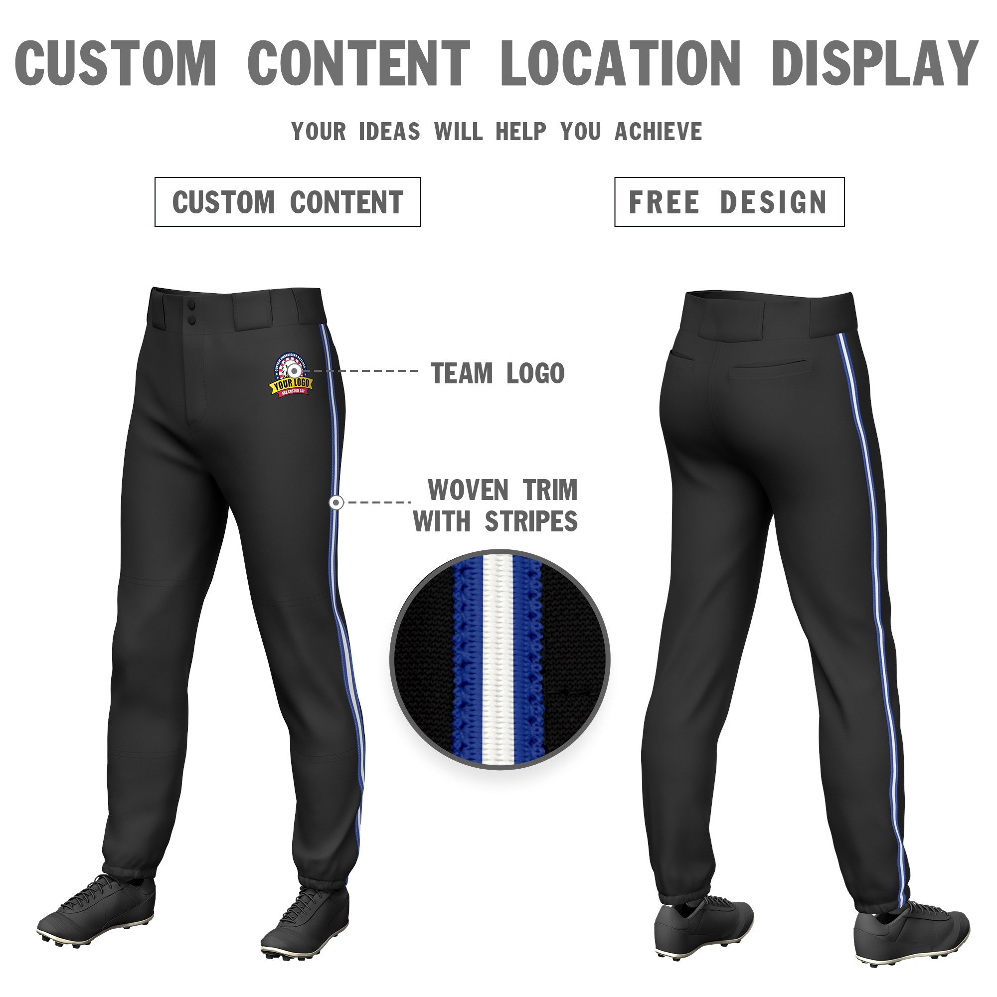 Custom Black Royal Blue-White-Royal Blue Classic Fit Stretch Practice Pull-up Baseball Pants