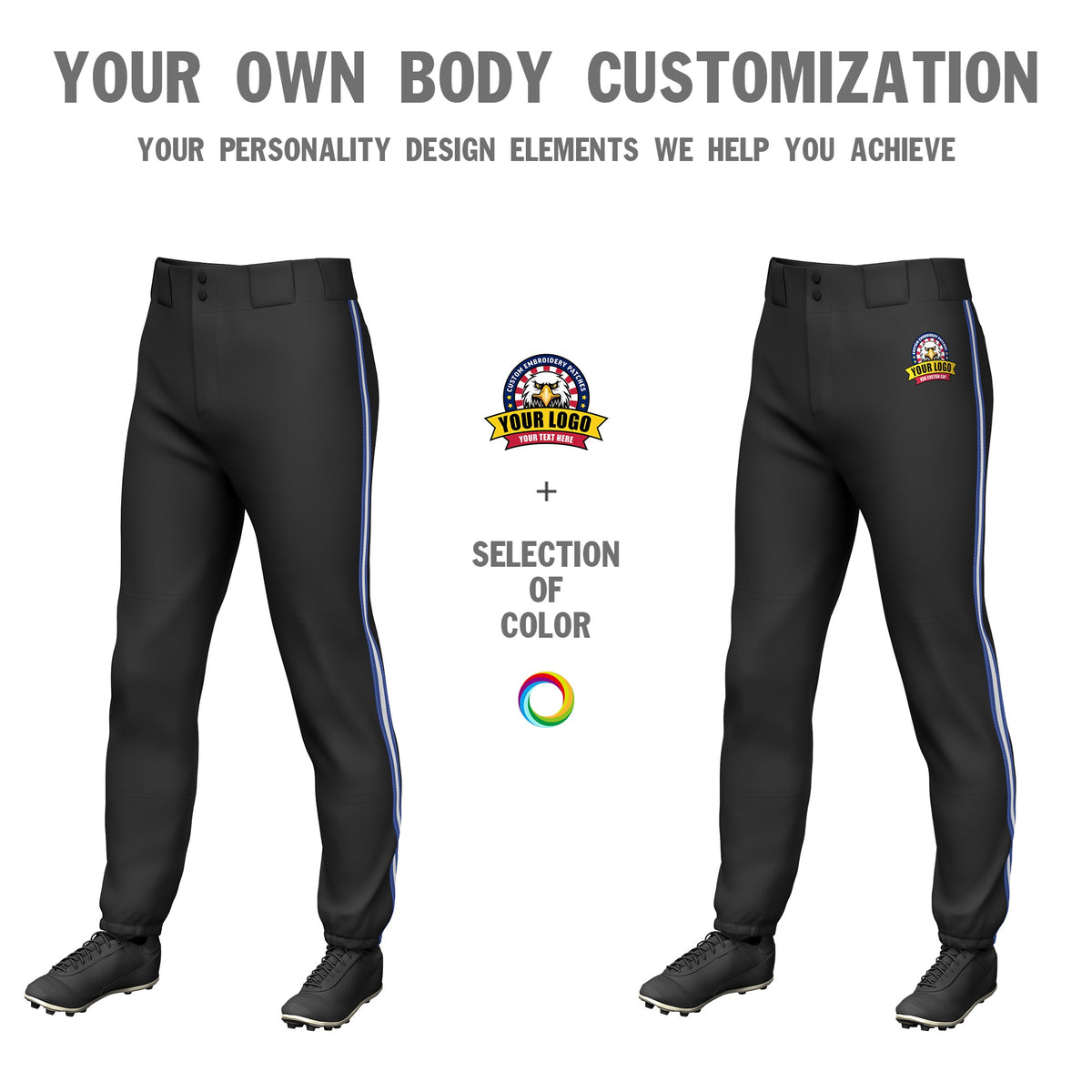 Custom Black Royal Blue-White-Royal Blue Classic Fit Stretch Practice Pull-up Baseball Pants