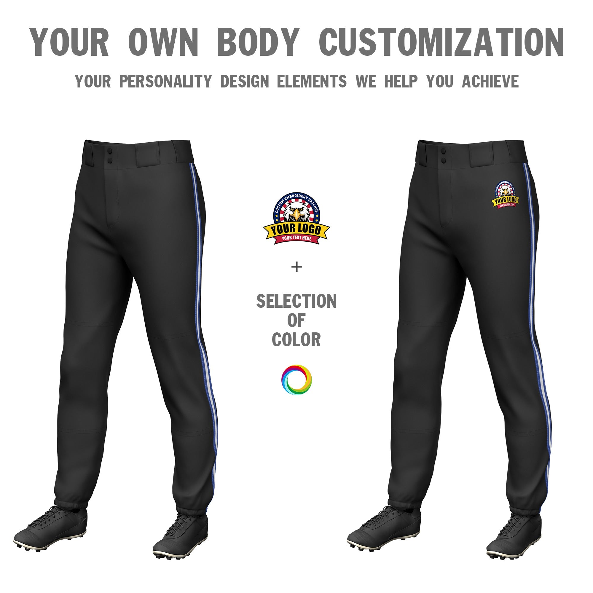 Custom Black Royal Blue-White-Royal Blue Classic Fit Stretch Practice Pull-up Baseball Pants
