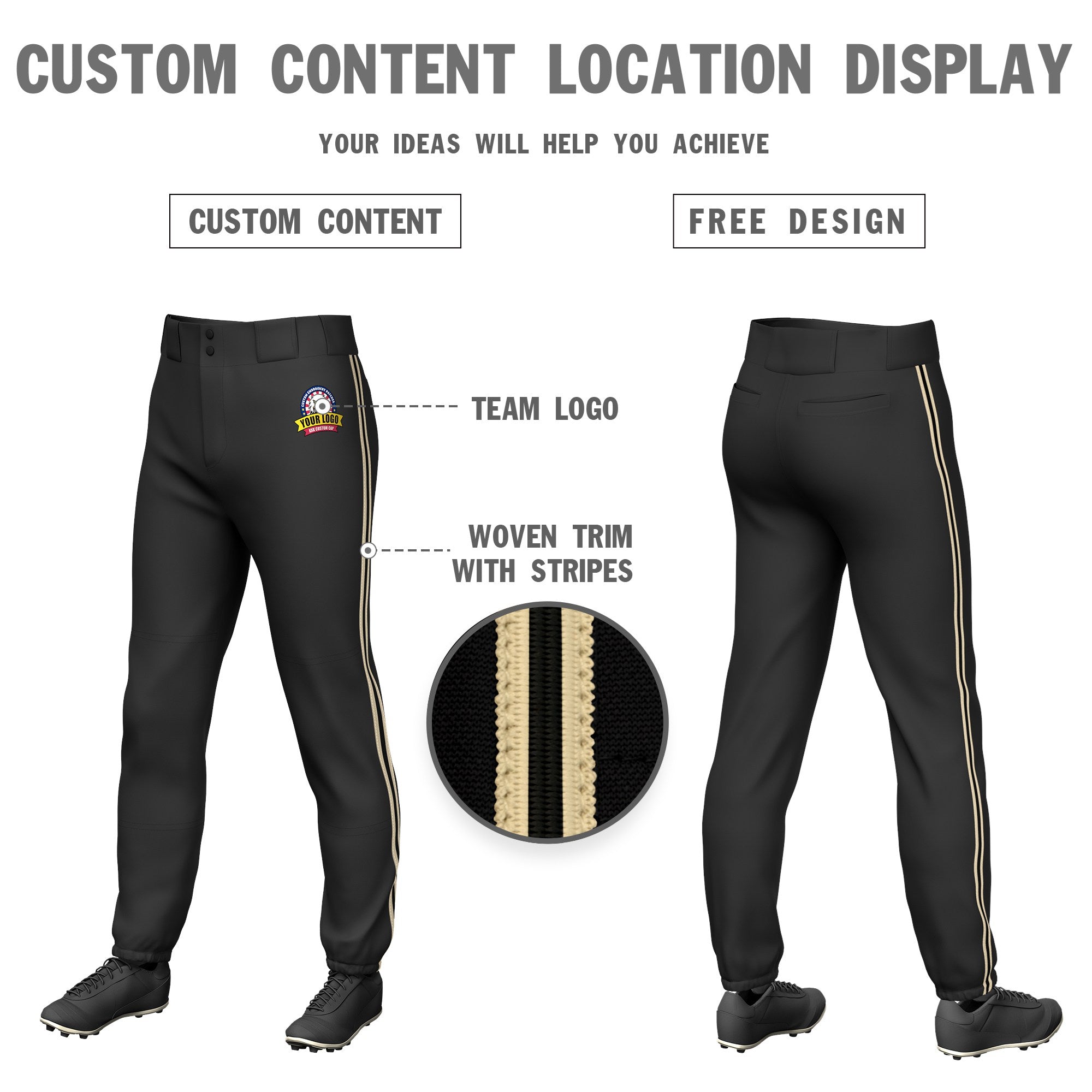 Custom Black Khaki-Black-Khaki Classic Fit Stretch Practice Pull-up Baseball Pants