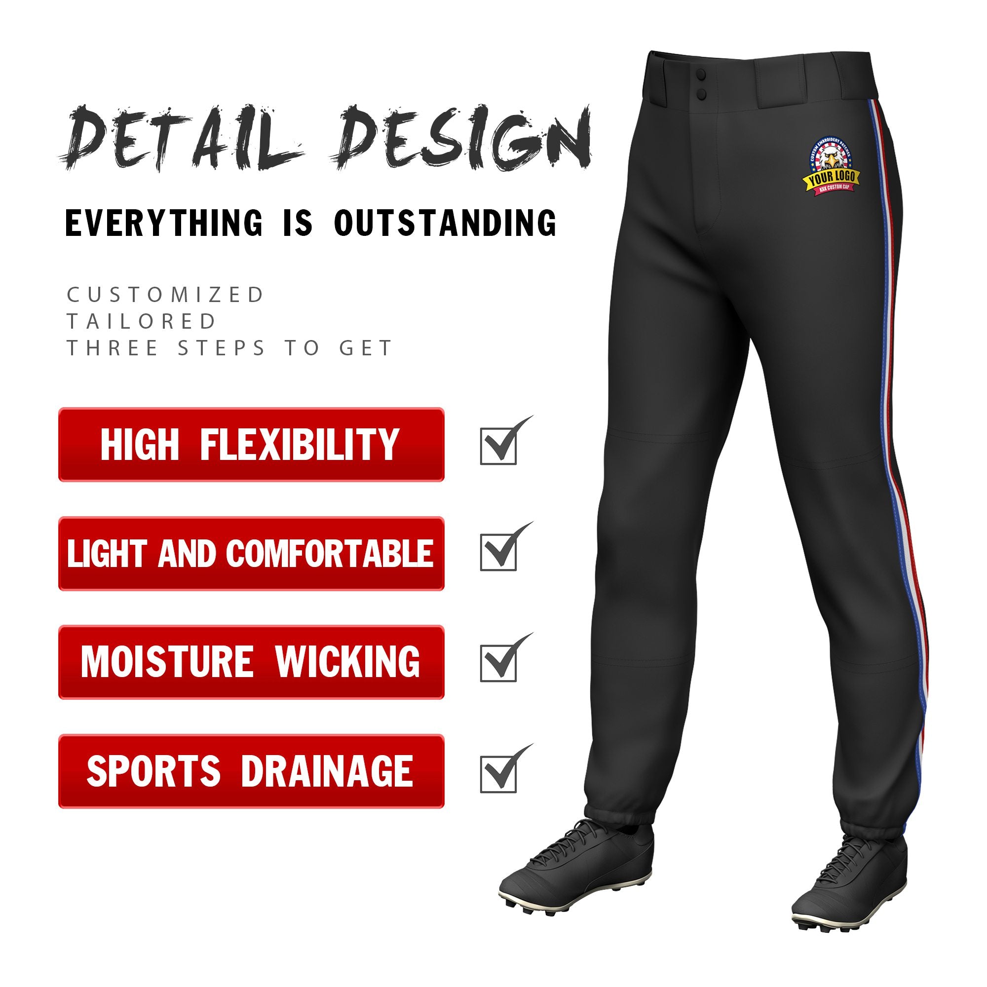 Custom Black Royal Blue-White-Red Classic Fit Stretch Practice Pull-up Baseball Pants