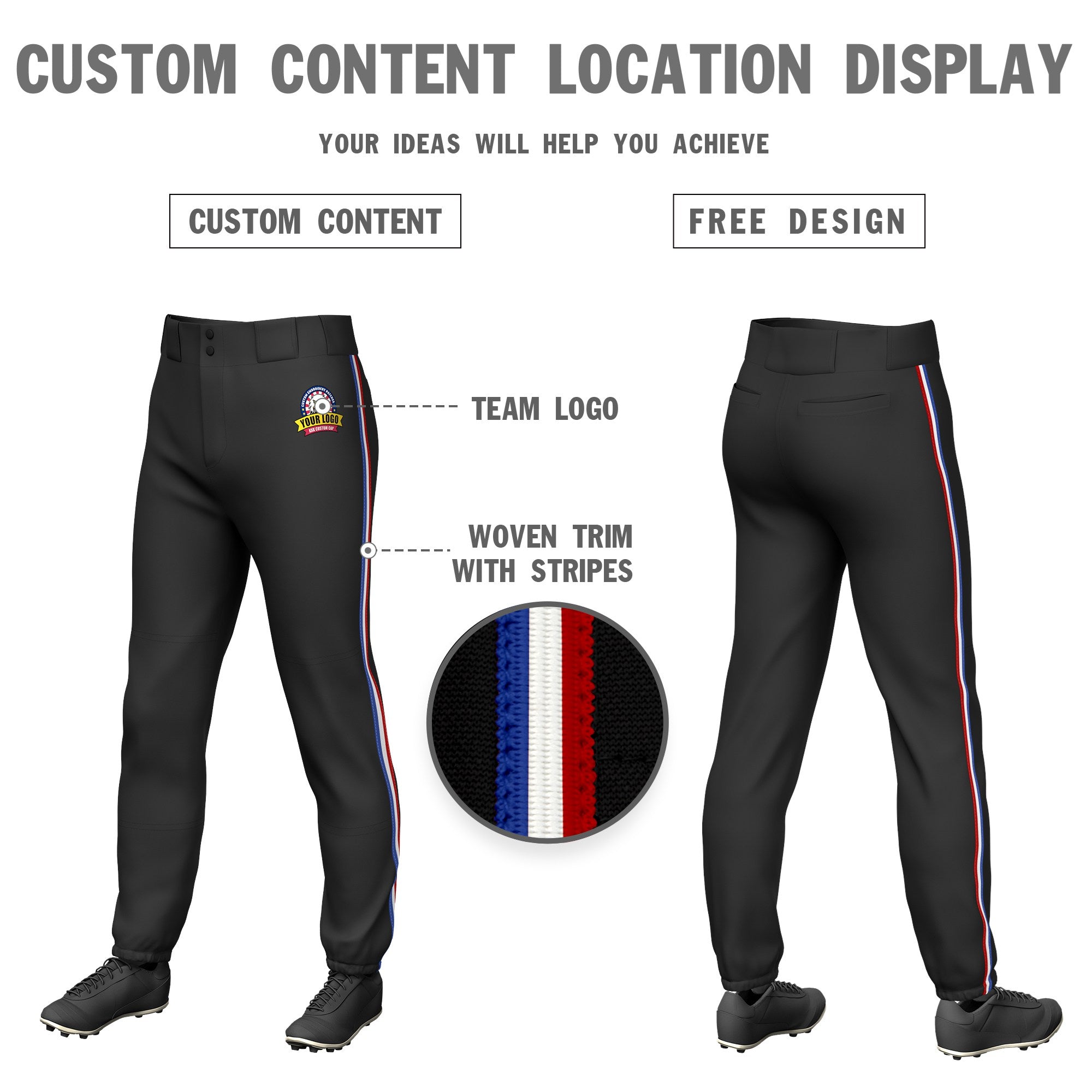 Custom Black Royal Blue-White-Red Classic Fit Stretch Practice Pull-up Baseball Pants