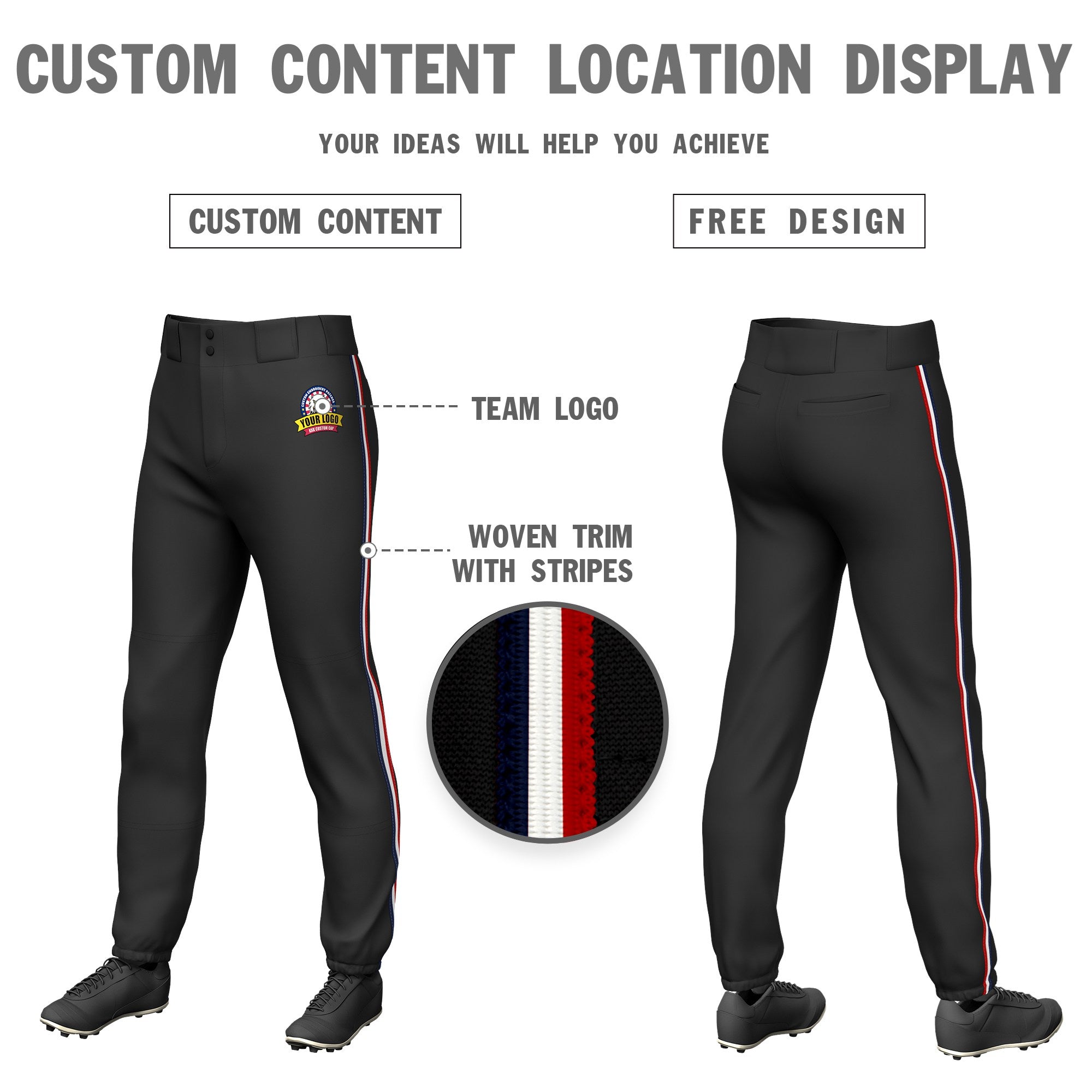 Custom Black Navy-White-Red Classic Fit Stretch Practice Pull-up Baseball Pants