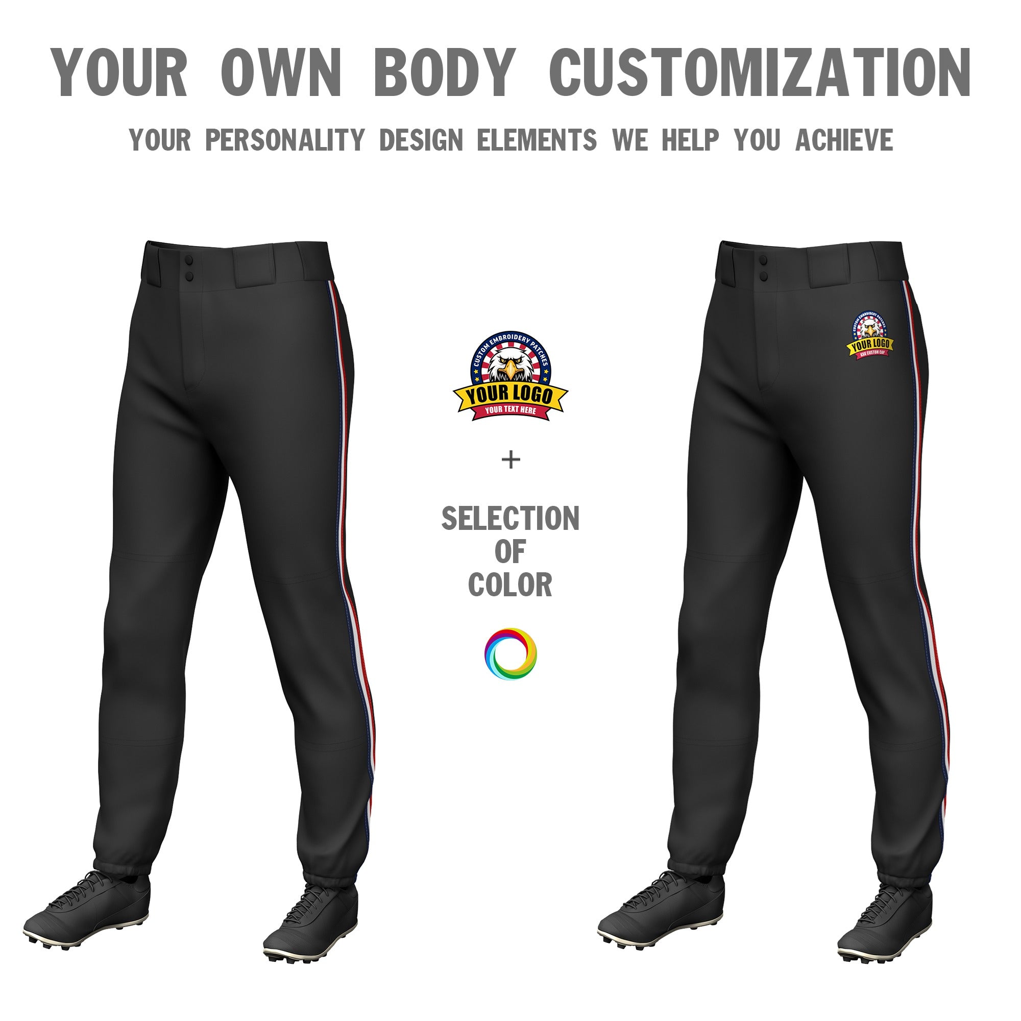 Custom Black Navy-White-Red Classic Fit Stretch Practice Pull-up Baseball Pants