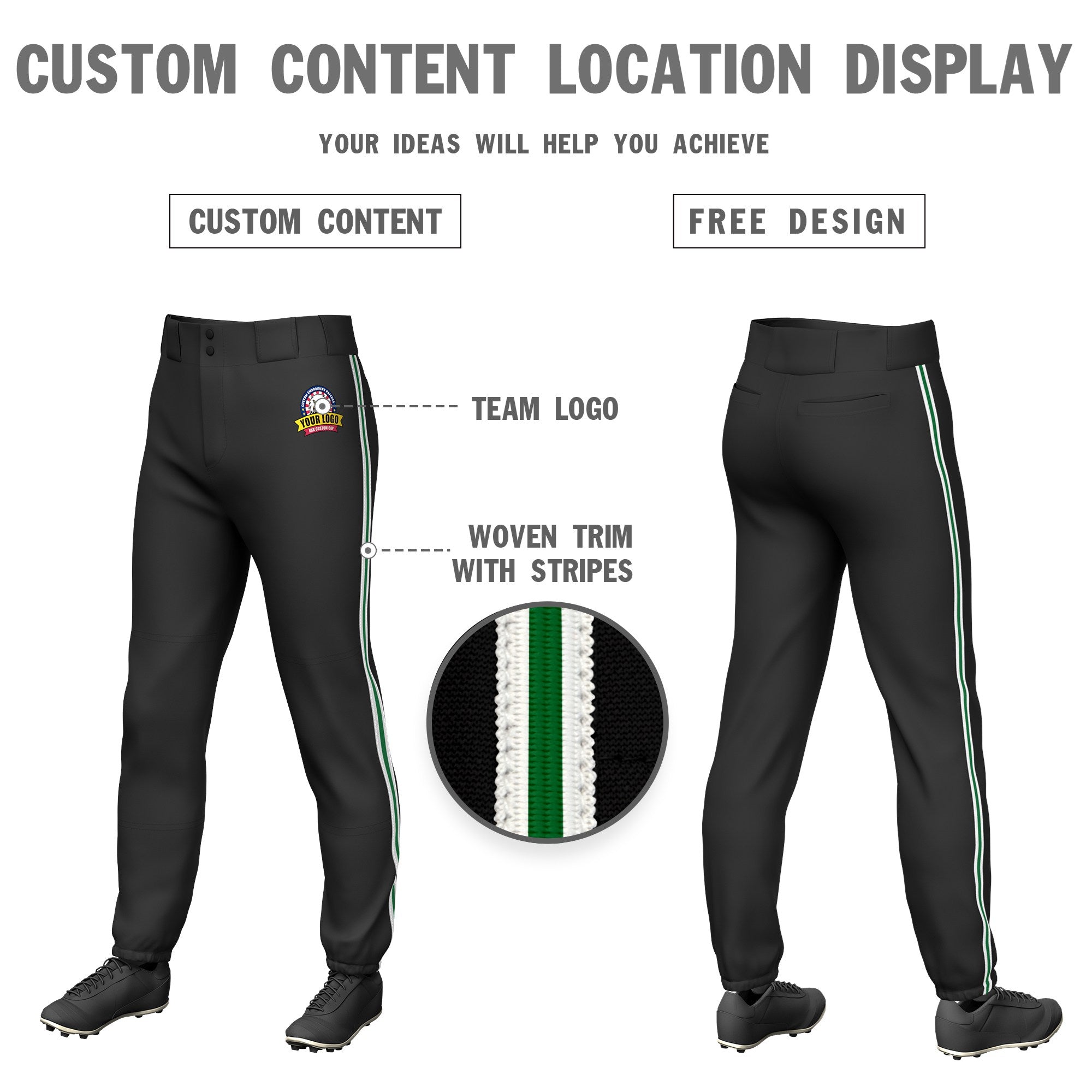 Custom Black White-Kelly Green-White Classic Fit Stretch Practice Pull-up Baseball Pants