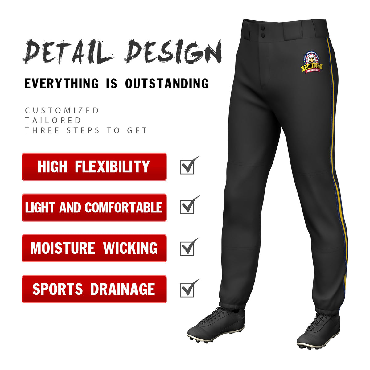 Custom Black Navy-Gold01-Navy Classic Fit Stretch Practice Pull-up Baseball Pants