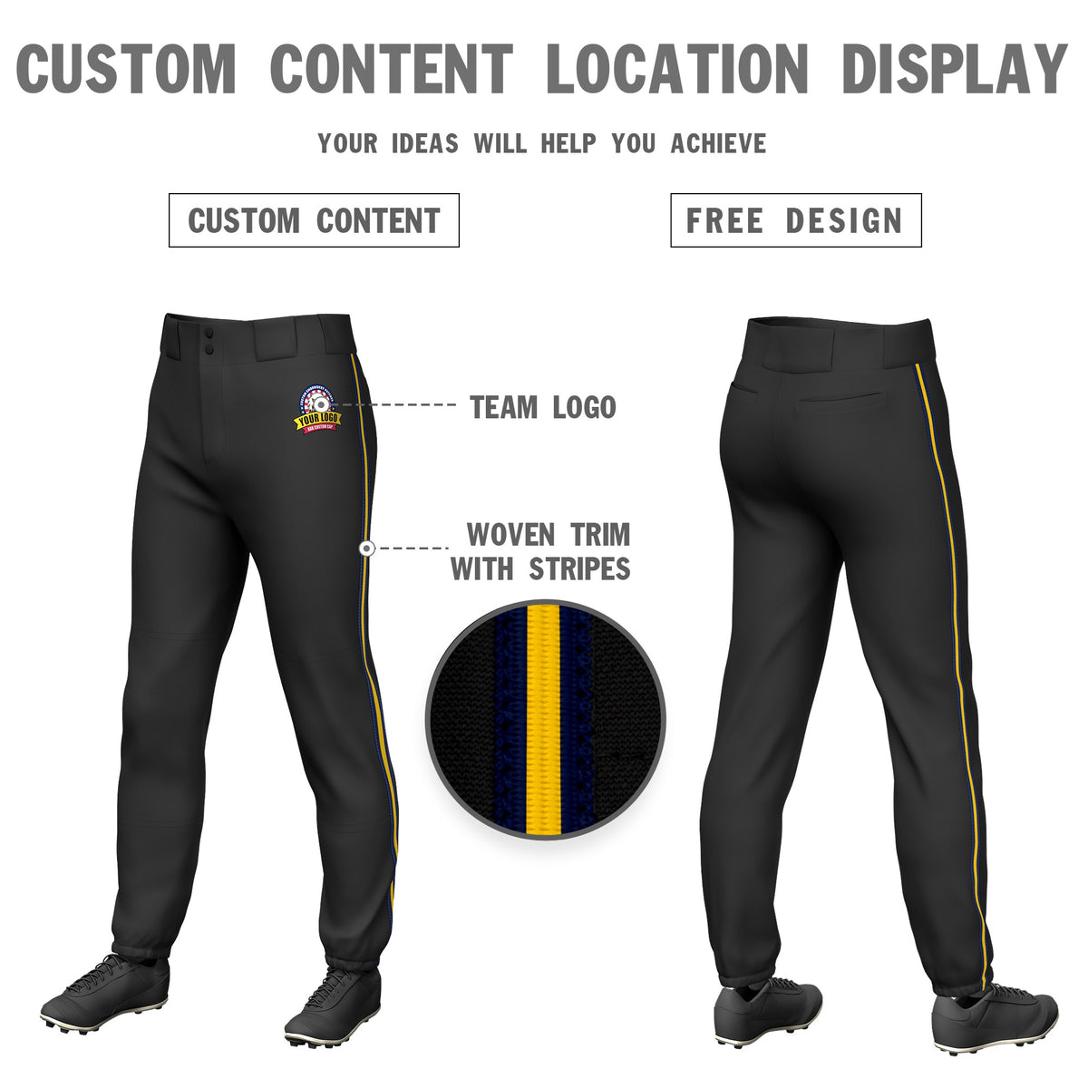 Custom Black Navy-Gold01-Navy Classic Fit Stretch Practice Pull-up Baseball Pants